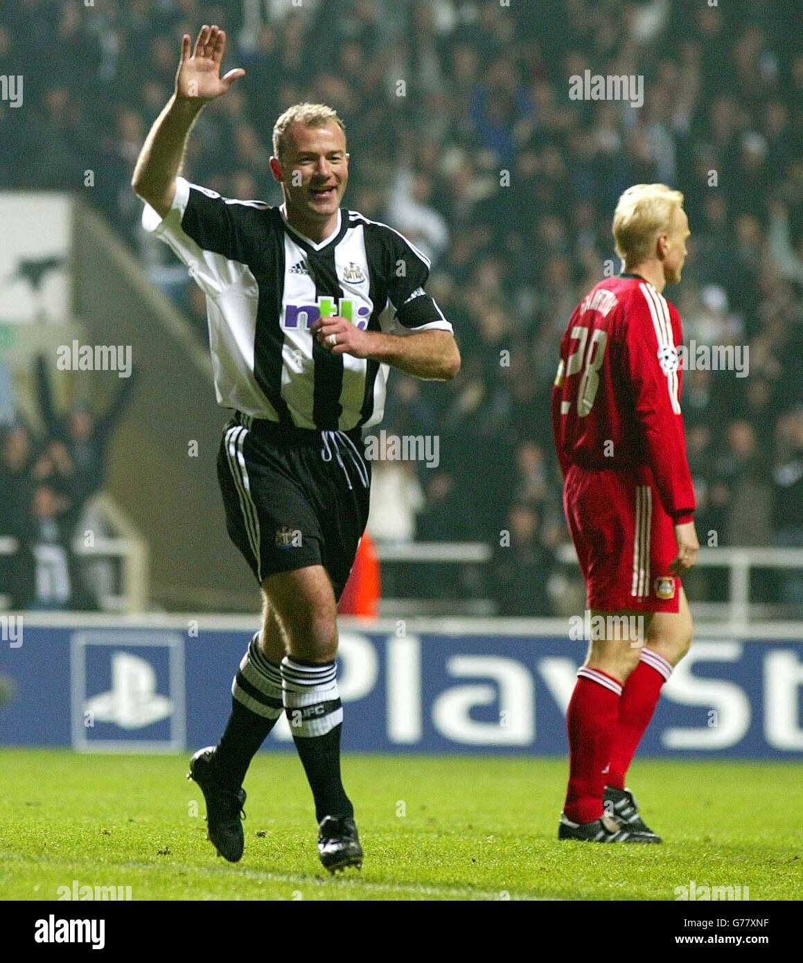 Newcastle's Alan Shearer celebrates his 2nd goal against Bayer