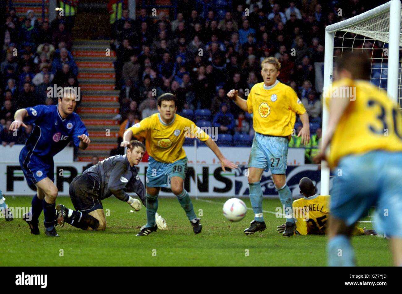 Leicester players make a failed attempt on the Sheffield Wednesday goal, during the Nationwide Division One match at The Walkers Stadium, Leicester. Final score: Leicester City 1, Sheffield Wednesday 1. NO UNOFFICIAL CLUB WEBSITE USE. Stock Photo