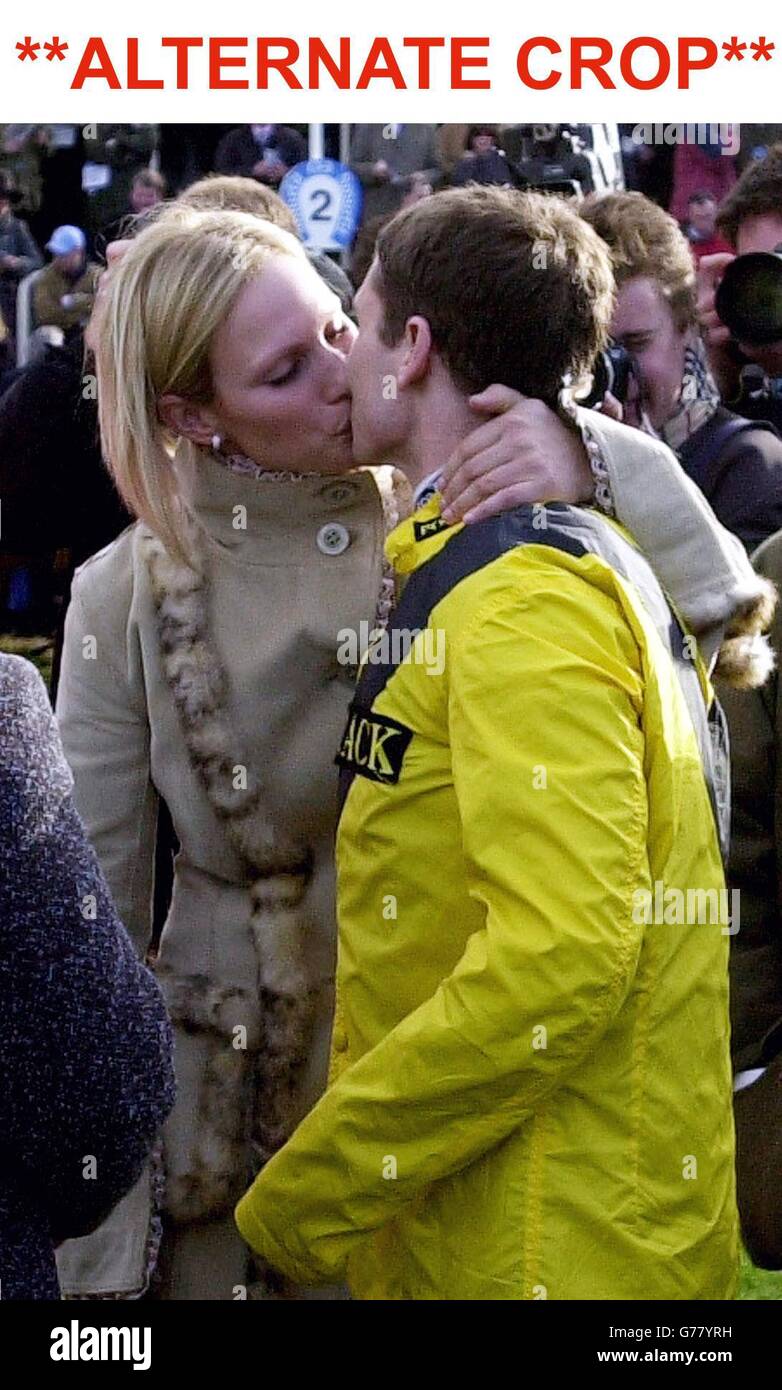 Daughter of the Princess Royal, Zara Phillips kisses boyfriend Richard  Johnson after he had won the Smurfit Champion Hurdle on Rooster Booster, at  Cheltenham on the first day of the three day