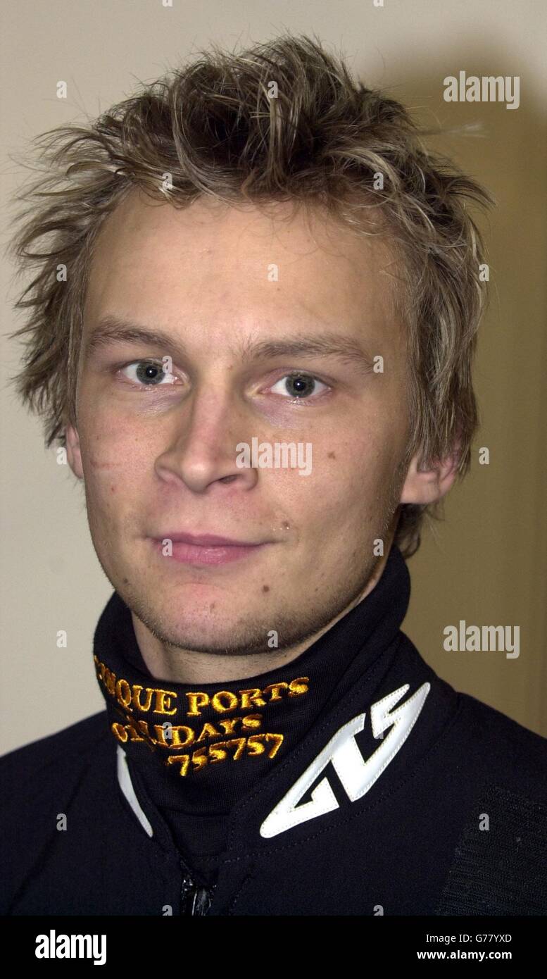 Joonas Kylmakorpi of Eastbourne Eagles at the Speedway GB Exhibition 2003 at the National Agricultural Centre in Stoneleigh, Warwickshire. Stock Photo