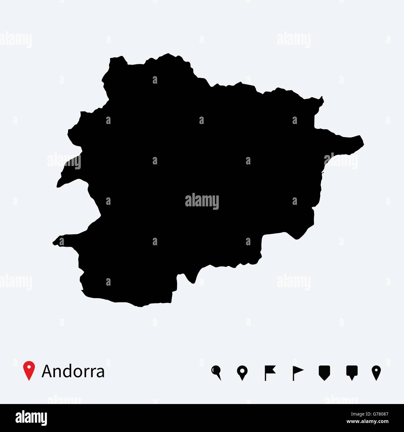 High detailed vector map of Andorra with navigation pins. Stock Vector
