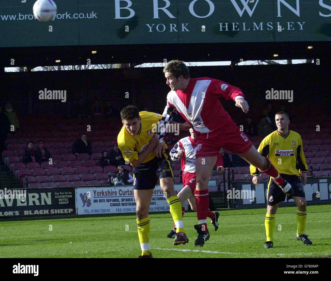 York's John Parkin (centre right) heads over the bar during the Nationwide Divison 3 match against Bournemouth at Bootham Crescent, York. York defeated Bournemouth 1-0. NO UNOFFICIAL CLUB WEBSITE USE. Stock Photo