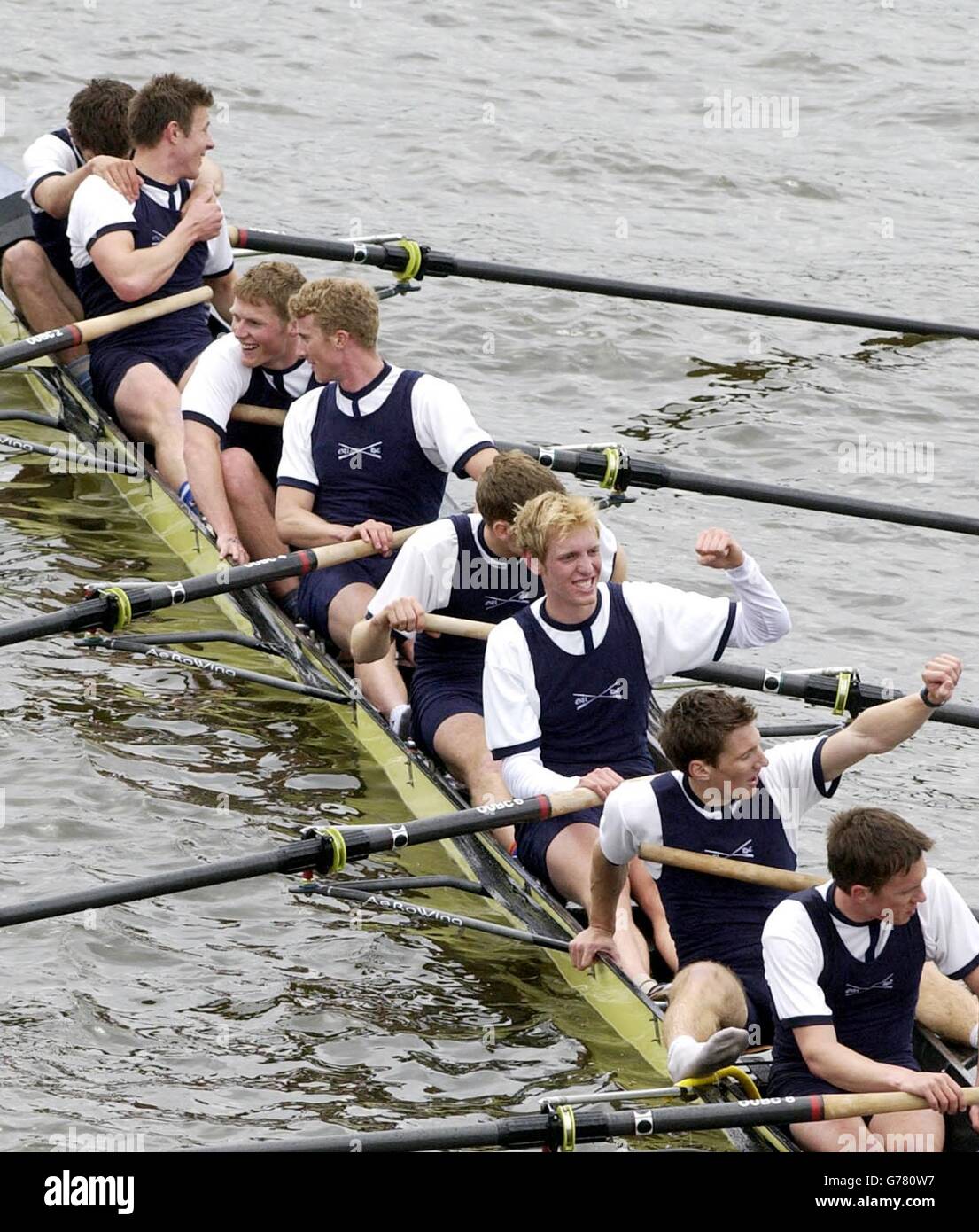 The Oxford crew celebrate their narrow win at the end of the the 149th Boat Race, between the crews of Oxford and Cambridge University, in London. Stock Photo