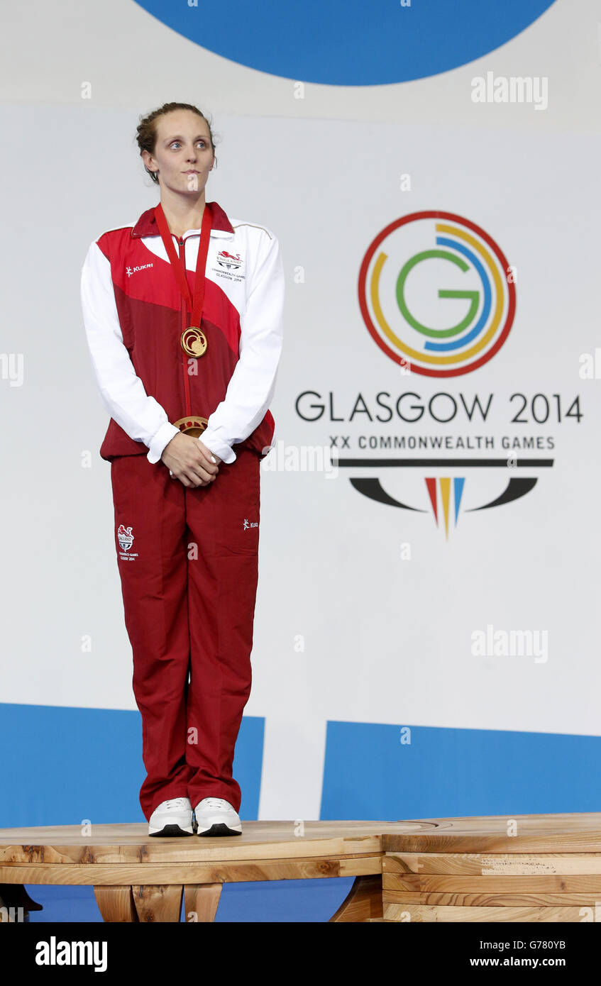 England's Francesca Halsall on the podium to collect her gold medal in