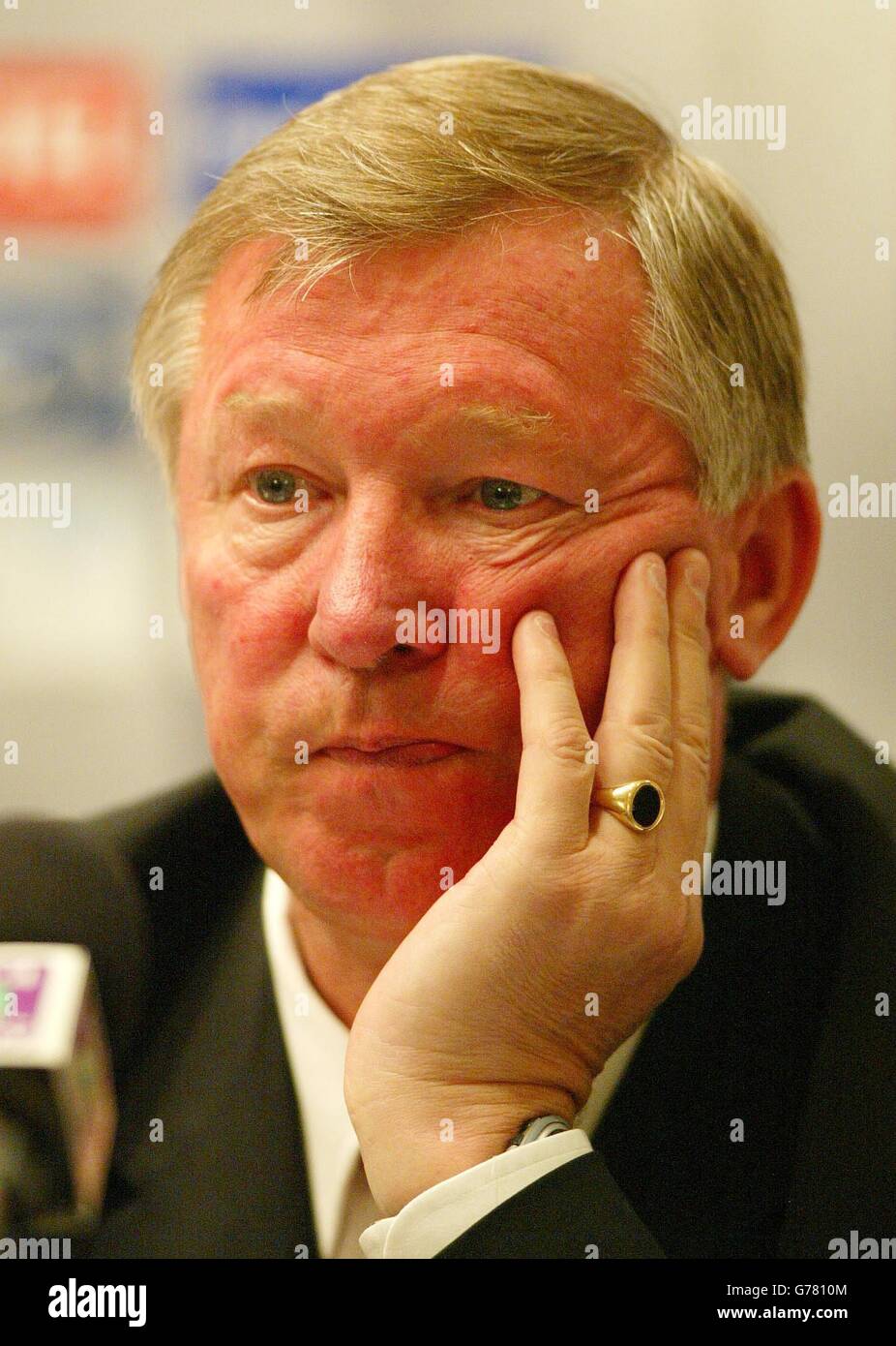 Sir Alex Ferguson speaking at a press conference, before Manchester