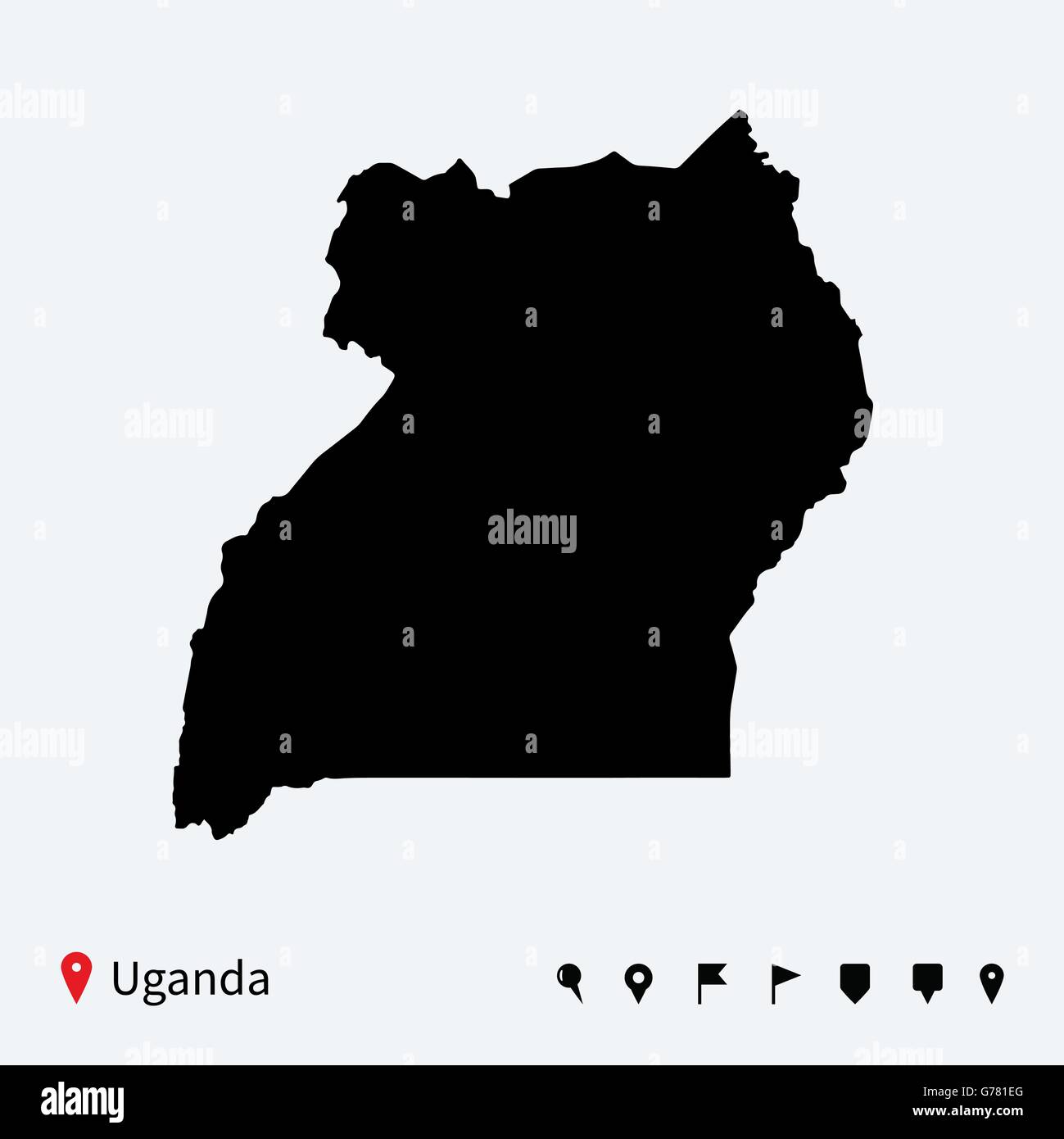 High detailed vector map of Uganda with navigation pins. Stock Vector