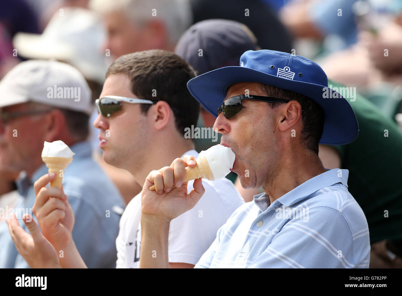 Surrey fans enjoy an ice cream at guildford cricket club hires stock