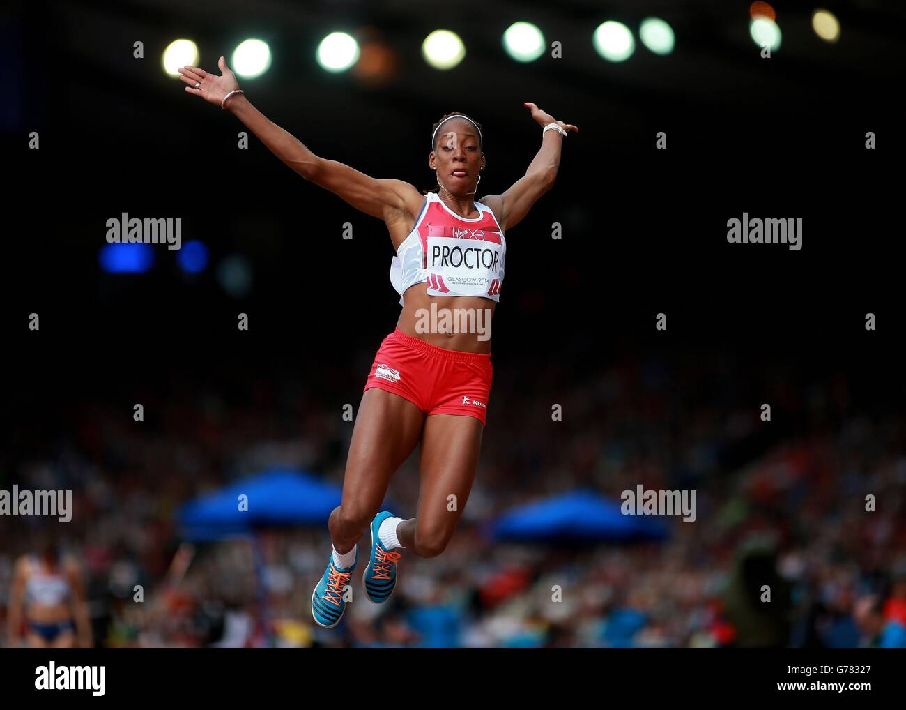 England's Shara Proctor during the Women's Long Jump qualifying at Hampden Park, during the 2014 Commonwealth Games in Glasgow. Stock Photo