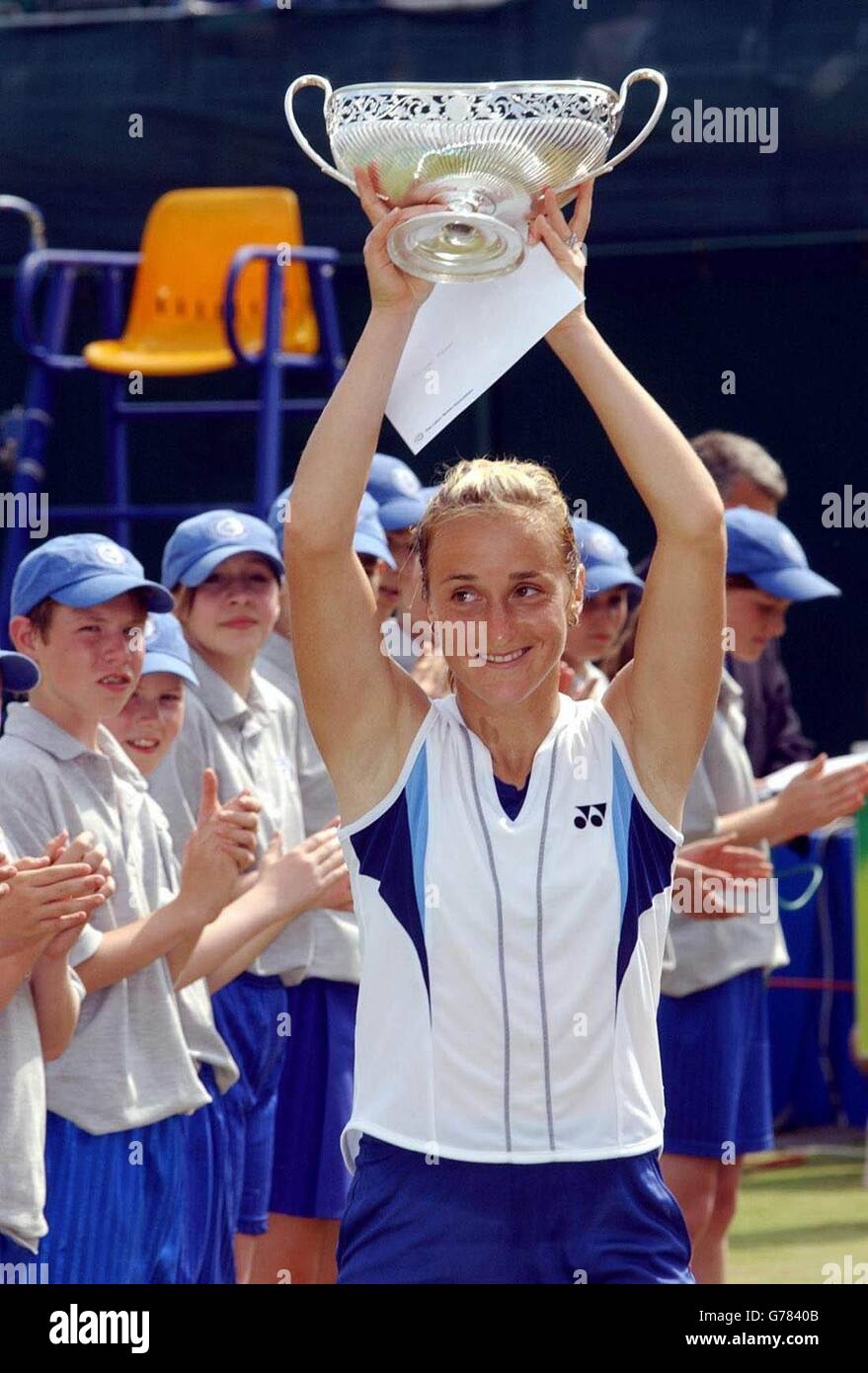 Bulgaria's Magdalena Maleeva lifts the DFS Classic trophy after beating Japan's Shinbu Asagoe in straight sets 6-1, 6-4, in Birmingham. Stock Photo