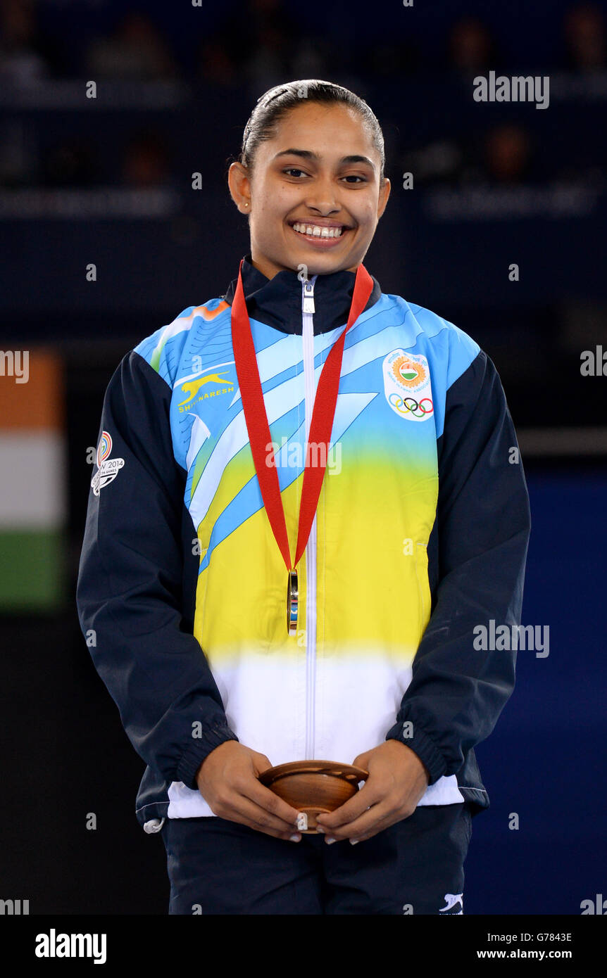 Bronze medal winner India's Dipa Karmakar on the podium following the