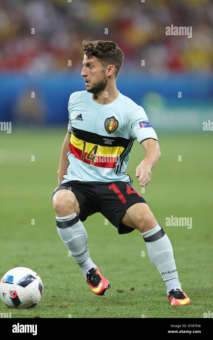 NICE, FRANCE - JUNE 22, 2016: Dries Mertens of Belgium controls a ball during UEFA EURO 2016 game against Sweden at Allianz Rivi Stock Photo