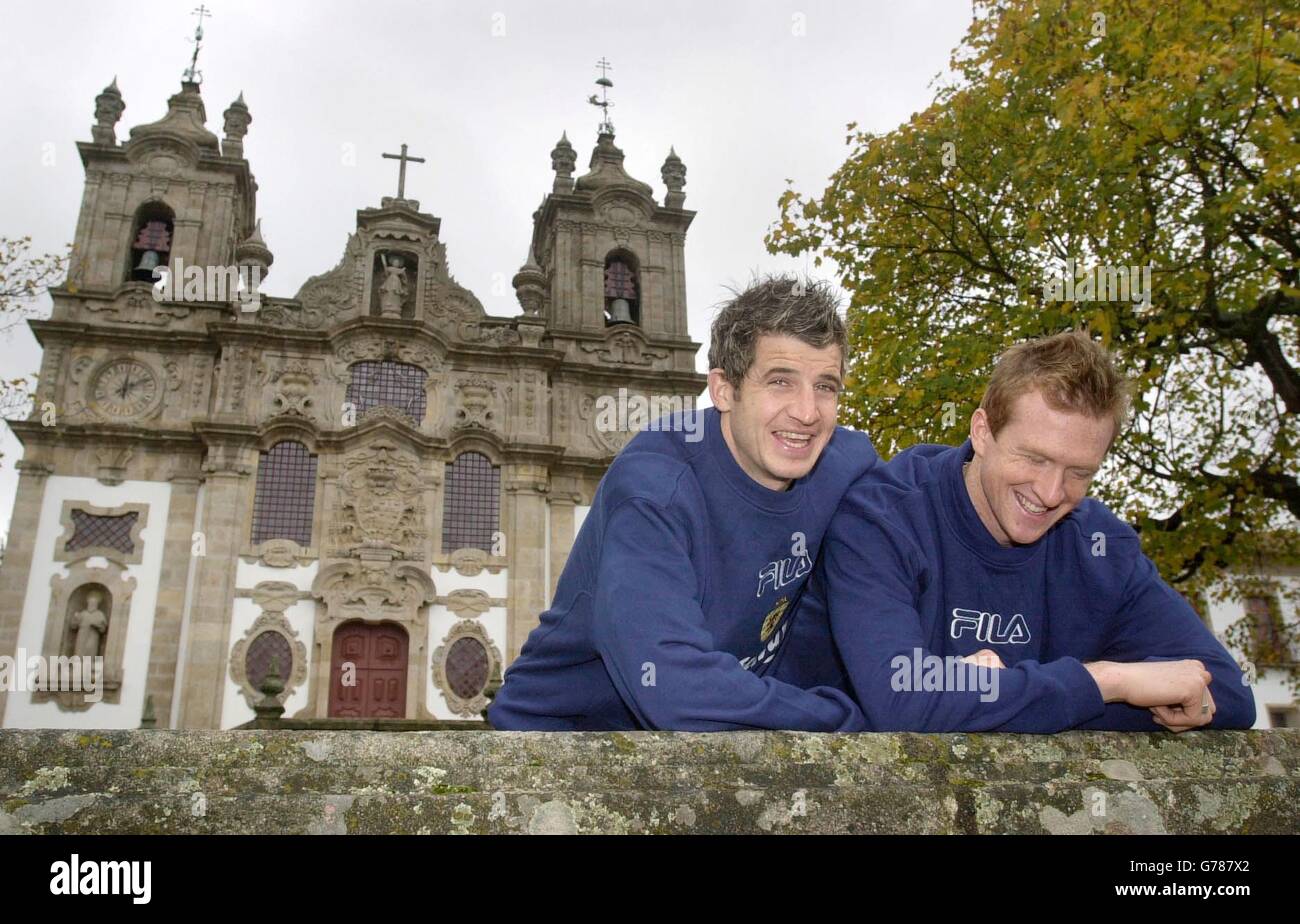 Scotland's Steven Caldwell (right) and Stephen Crawford share a joke as they pose prior to a press conference in Porto, Portugal ahead of Wednesday's International Challenge match against Portugal. Stock Photo