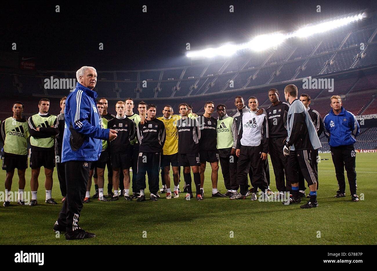 Back in the Nou Camp Stadium, Barcelona after a press conference Newcastle  United manager Sir Bobby Robson with his Newcastle squad at training ahead  of their Champions League match against Barcelona tomorrow