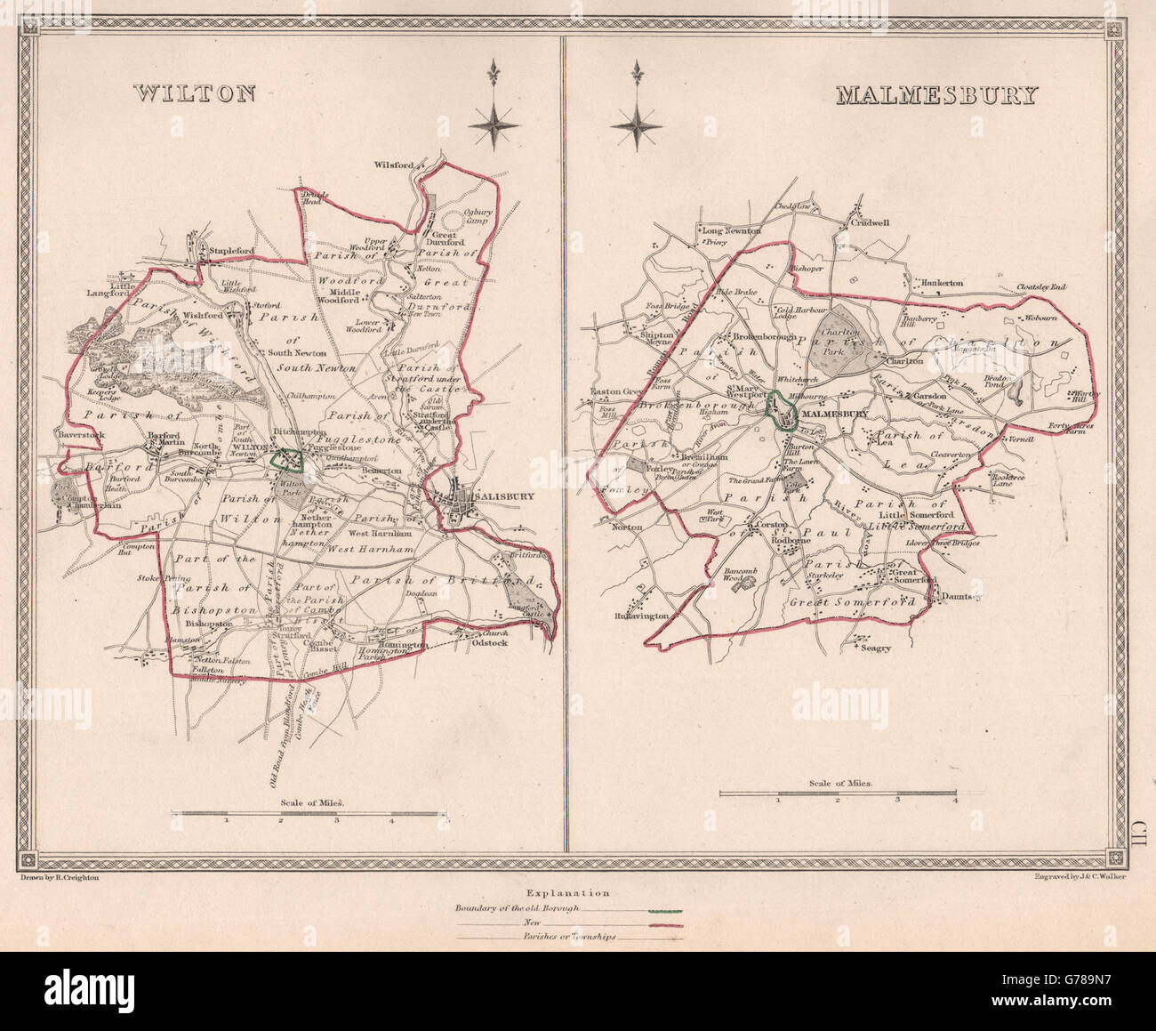 WILTSHIRE TOWNS CREIGHTON//WALKER 1835 map Wilton Malmesbury borough plans