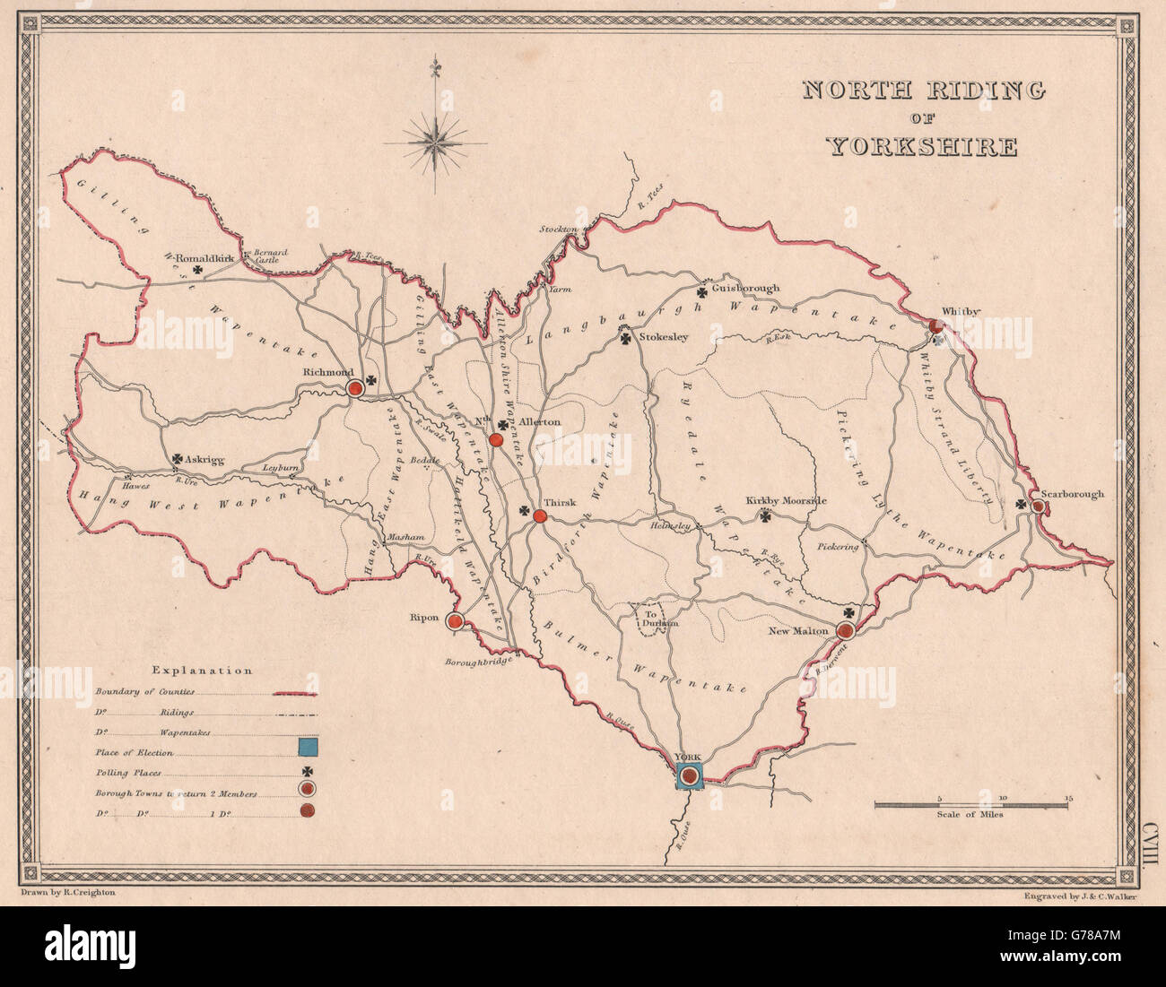 NORTH RIDING OF YORKSHIRE antique county map by CREIGHTON/WALKER Electoral 1835 