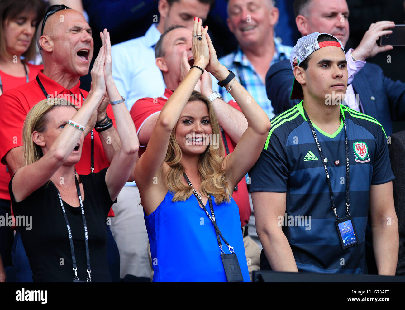 Charlotte Jackson (centre), wife of Wales manager Chris Coleman, in the stands during the round of 16 match at the Parc de Princes, Paris. Stock Photo