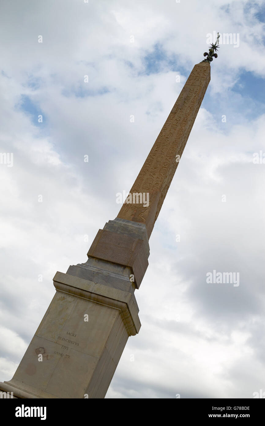 Egyptian Obelisk in front of Twin Belfries of Trinita dei Monti Renaissance Church in Rome Italy Stock Photo