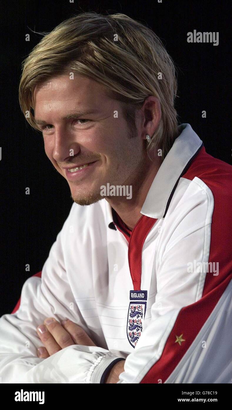 England captain David Beckham wears the new England football strip for