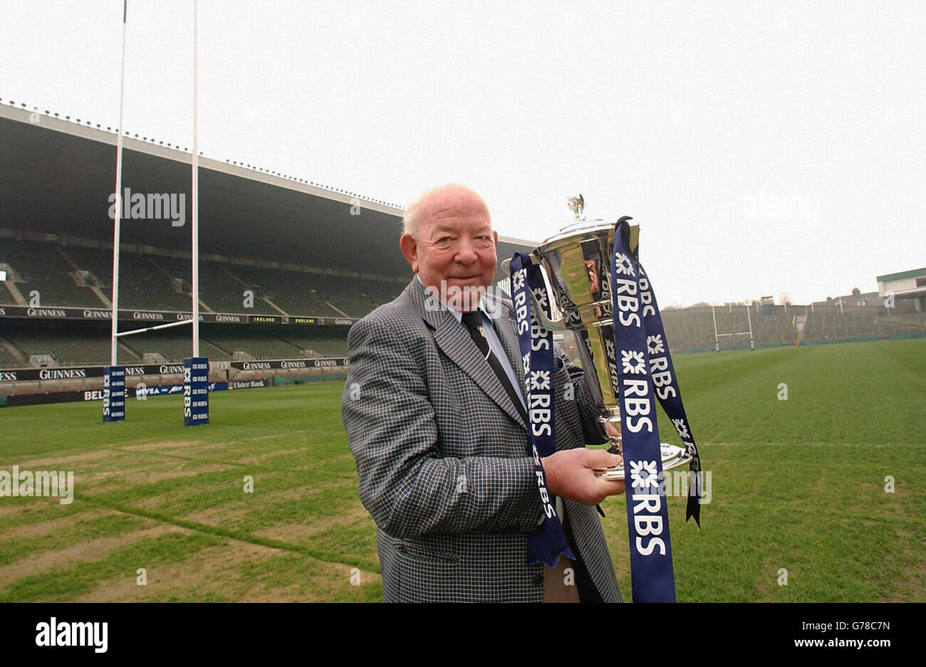 Karl Mullen captain of the last Irish grand slam winning team, in 1948, with RBS 6 Nations Trophy at Lansdowne Road, Dublin, before the Ireland v England showdown. Stock Photo