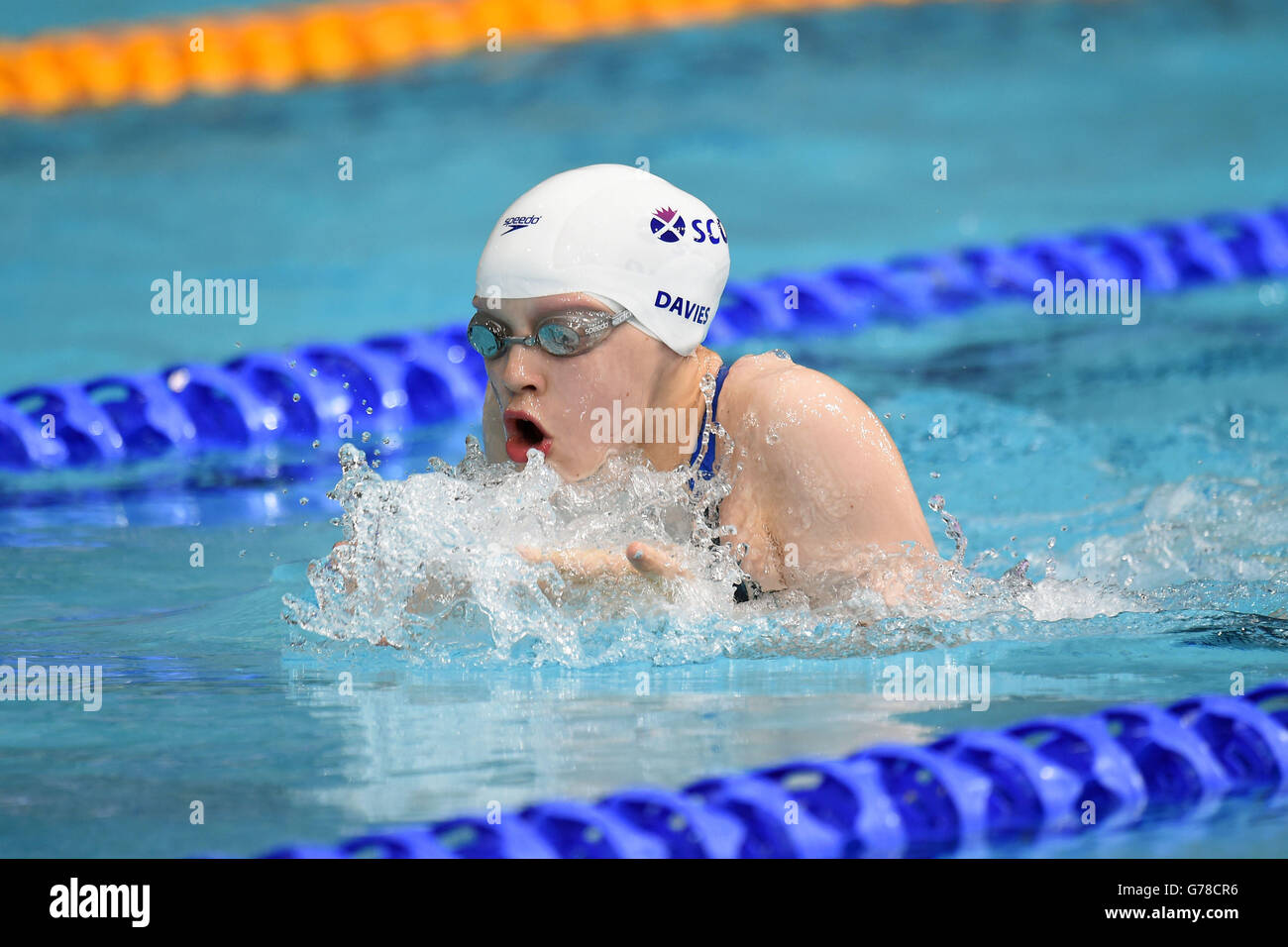 Scotland's Erraid Davies in the Women's Para-Sport 100m Breaststroke SB9 heats at Tollcross Swimming Centre, during the 2014 Commonwealth Games in Glasgow. Stock Photo