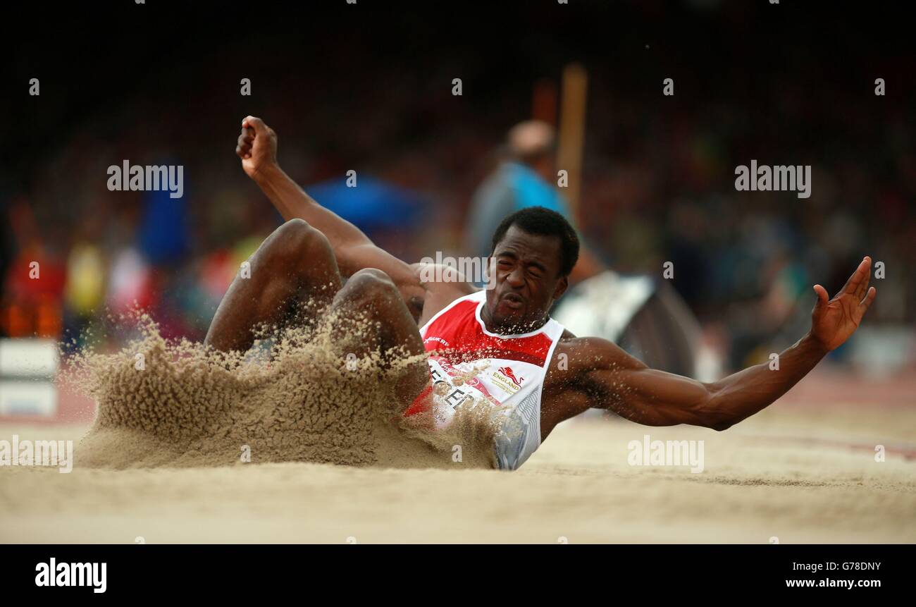 England's JJ Jegede during qualifying for the Men's Long Jump at Hampden Park, during the 2014 Commonwealth Games in Glasgow. Stock Photo