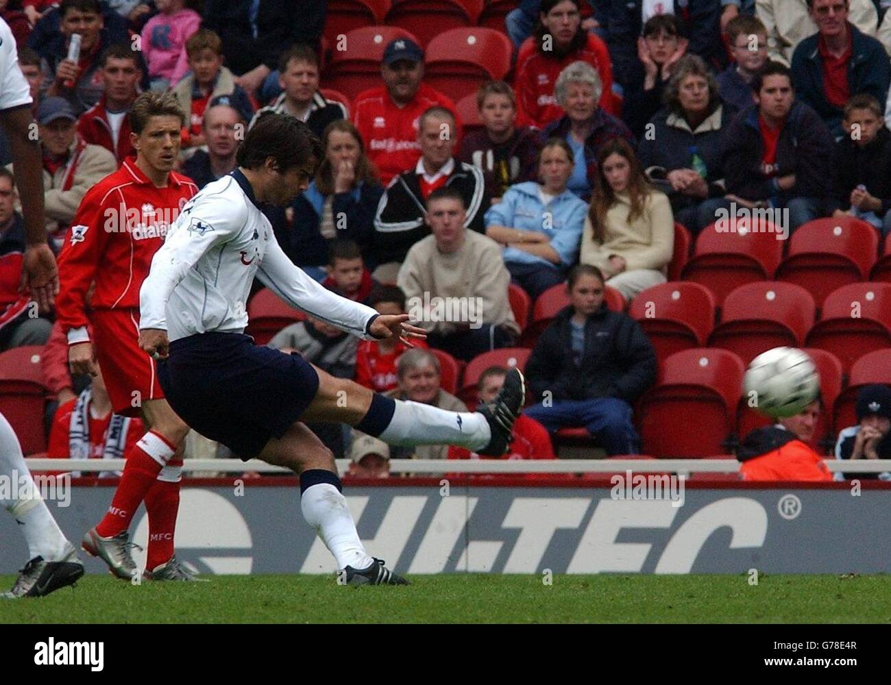 Tottenham's Jamie Redknapp gets scores during their FA Barclaycard Premiership match at MIddlesbrough's Riverside Stadium. Boro won the game 5.1. Stock Photo