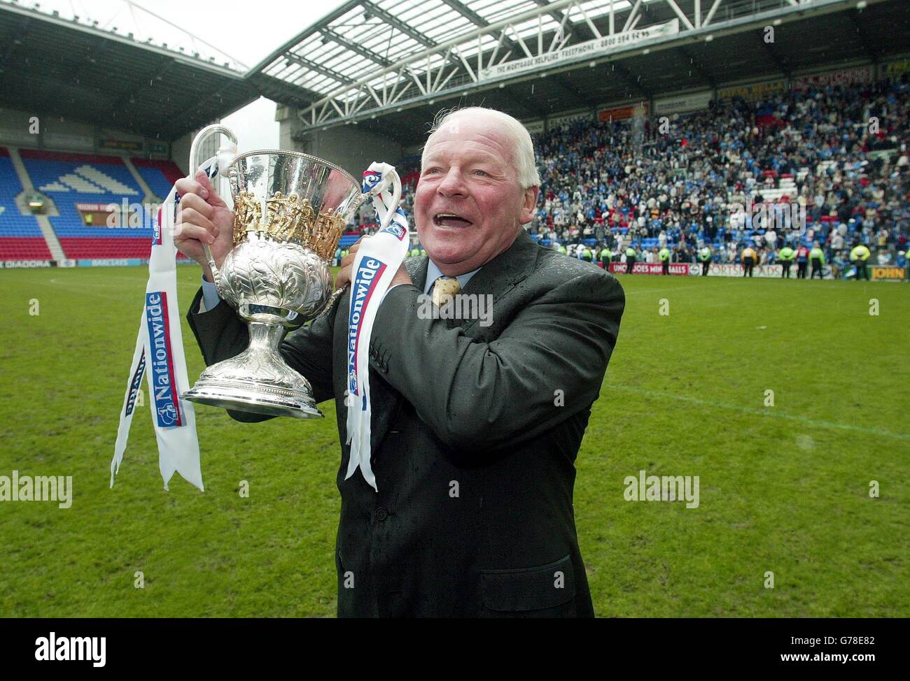 Wigan Chairman Dave Whelan with the Nationwide Division Two trophy after Wigan defeated Barnsley 1-0 at the JJB Stadium, Wigan. NO UNOFFICIAL CLUB WEBSITE USE. Stock Photo