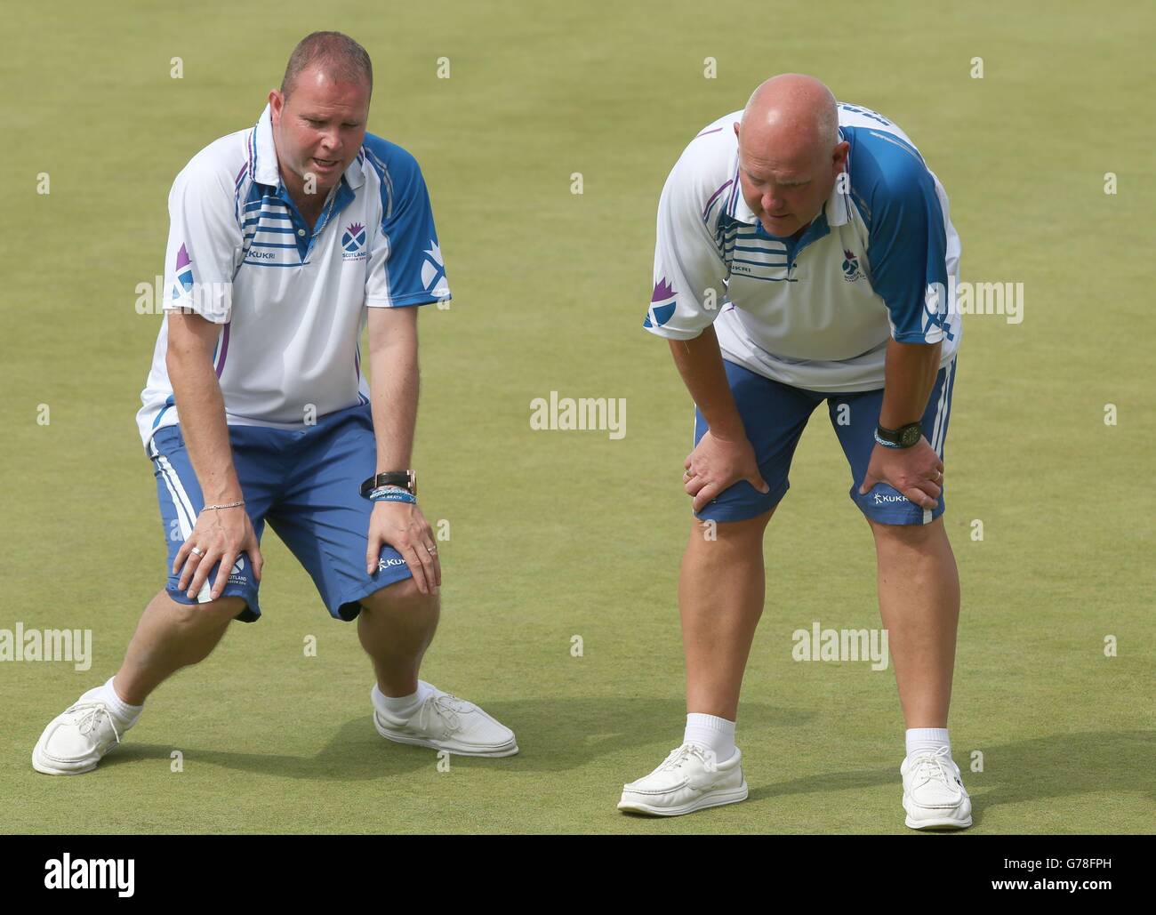 Scotland's Paul Foster and Alex Marshall (right) in the Men's Fours final at Kelvingrove Lawn Bowls Centre, during the 2014 Commonwealth Games in Glasgow. Stock Photo