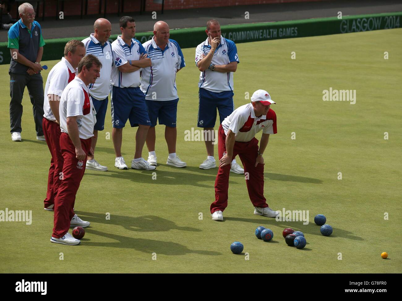Scotland and England in the Men's Fours final at Kelvingrove Lawn Bowls Centre, during the 2014 Commonwealth Games in Glasgow. Stock Photo