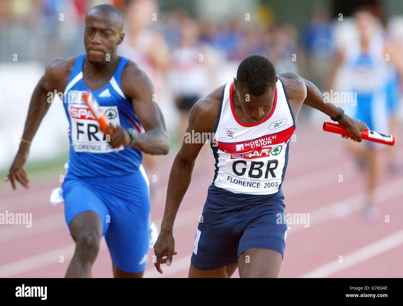 Great Britain's Julian Golding (right) runs in the last leg of the