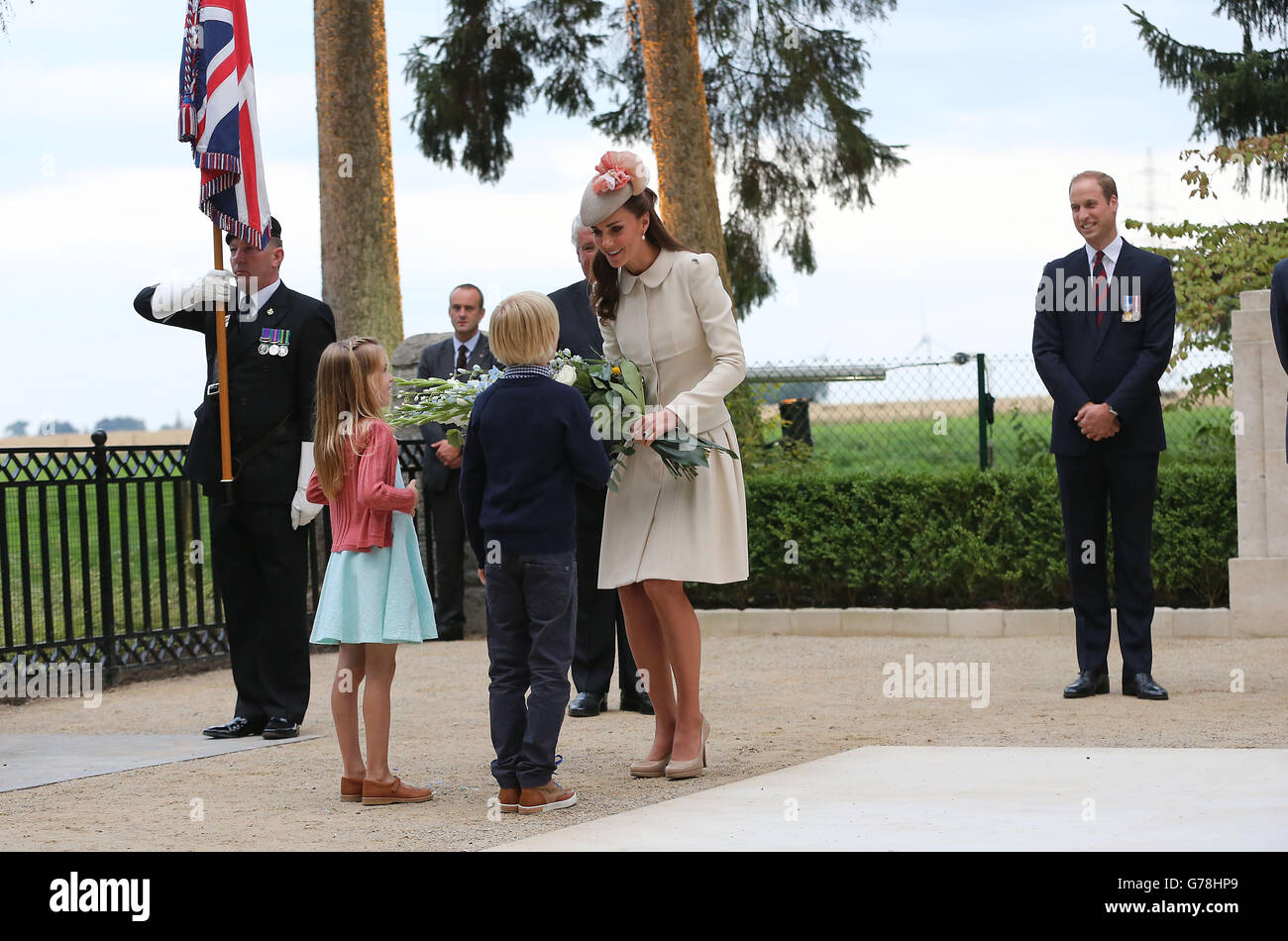 The Duchess of Cambridge at a ceremony at St Symphorien Military Cemetery at Mons, Belgium, commemorating the 100th anniversary of the start of the First World War. Stock Photo