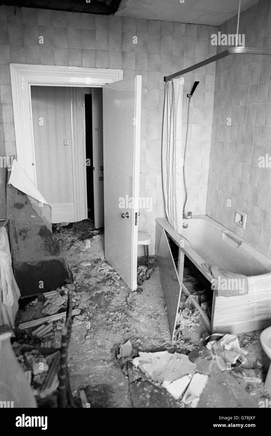 The shattered Prime Minister's Napoleon Suite bathroom in the Grand Hotel, Brighton, following the IRA bomb blast on the last day of the 101st Conservative Party Conference. Premier Margaret Thatcher had left the bathroom in her first floor suite moments before the blast. Stock Photo