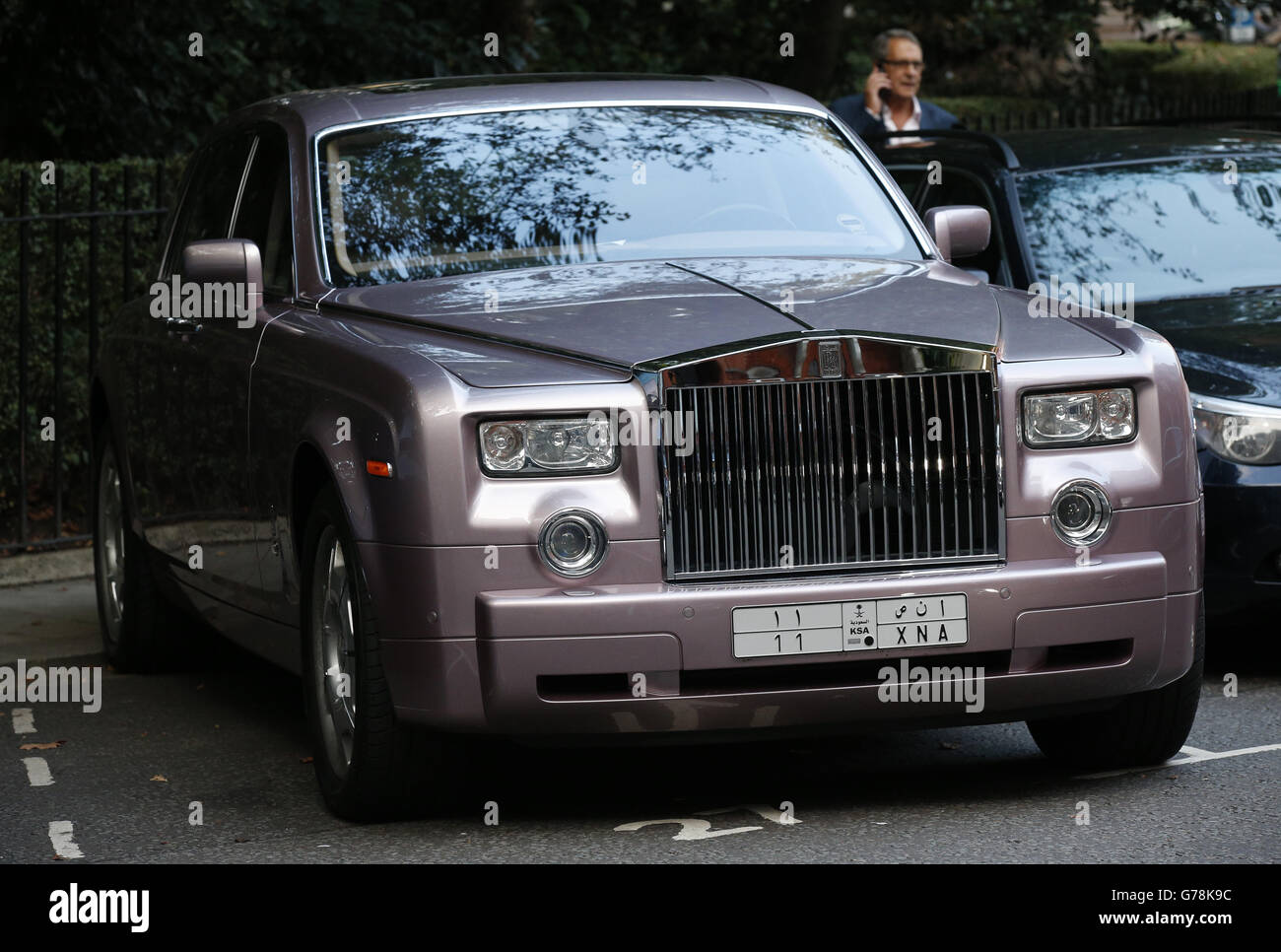 A Rolls Royce bearing registration plates from the Kingdom of Saudi Arabia parked outside Harrods department store, Knightsbridge. Stock Photo