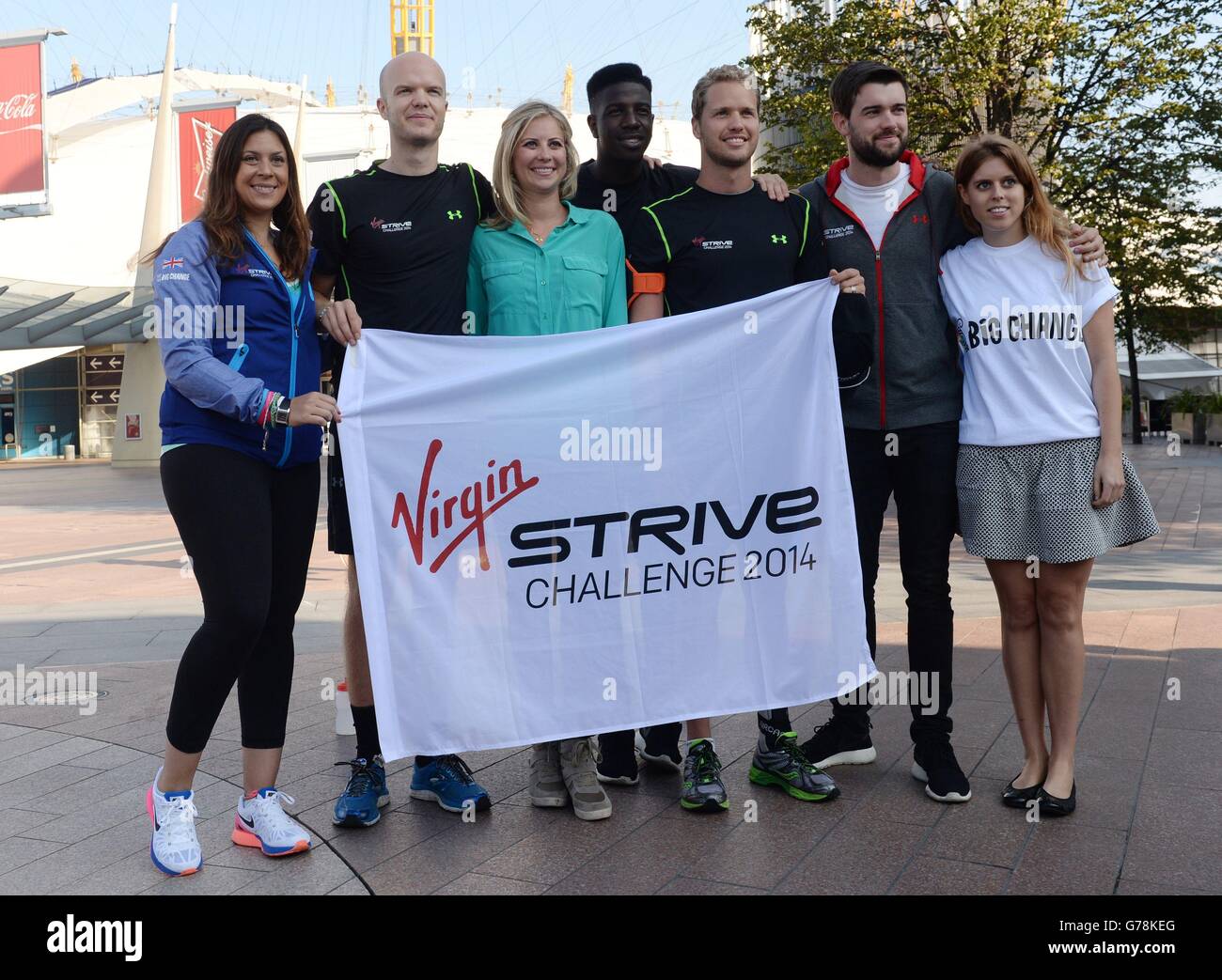 (left to right) Marion Bartoli, Noah Devereux, Holly Branson, Jermaine Jackman, Sam Branson Jack Whitehall and Princess Beatrice as they join a team of adventurers at the start of the Virgin Strive Challenge at the O2 Arena which will see them travel from London to the summit of the Matterhorn in Switzerland, entirely under human power. Stock Photo