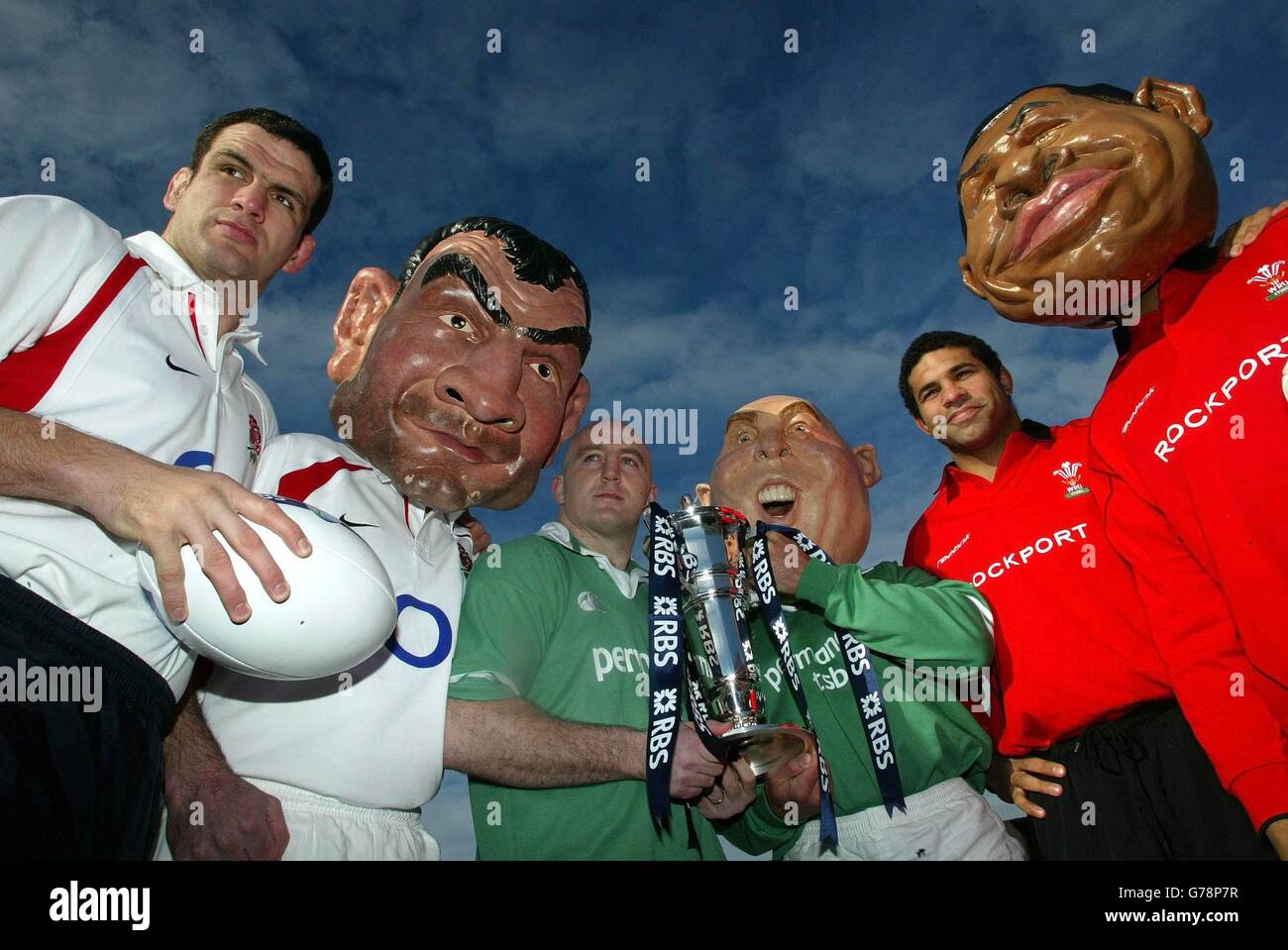 From left - Martin Johnson (England), Keith Wood (Ireland) and Colin Charvis (Wales) with their 'Big Head' conterparts at the launch of the RBS 6 Nations Tournament in Hyde Park. Stock Photo