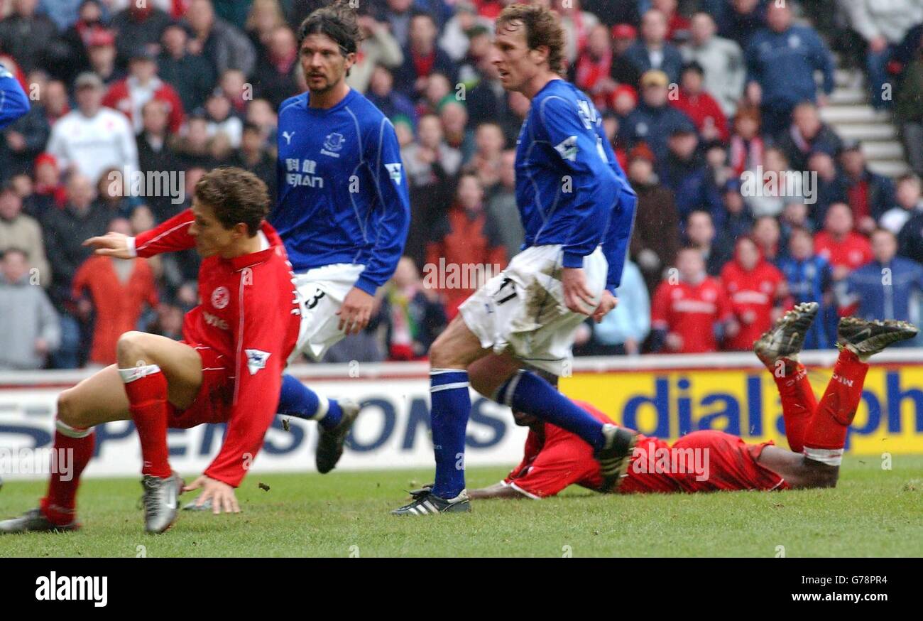 Juninho equalises for Middlesbrough during the FA Barclaycard Premiership match against Everton at the Riverside Stadium, Middlesbrough. Stock Photo