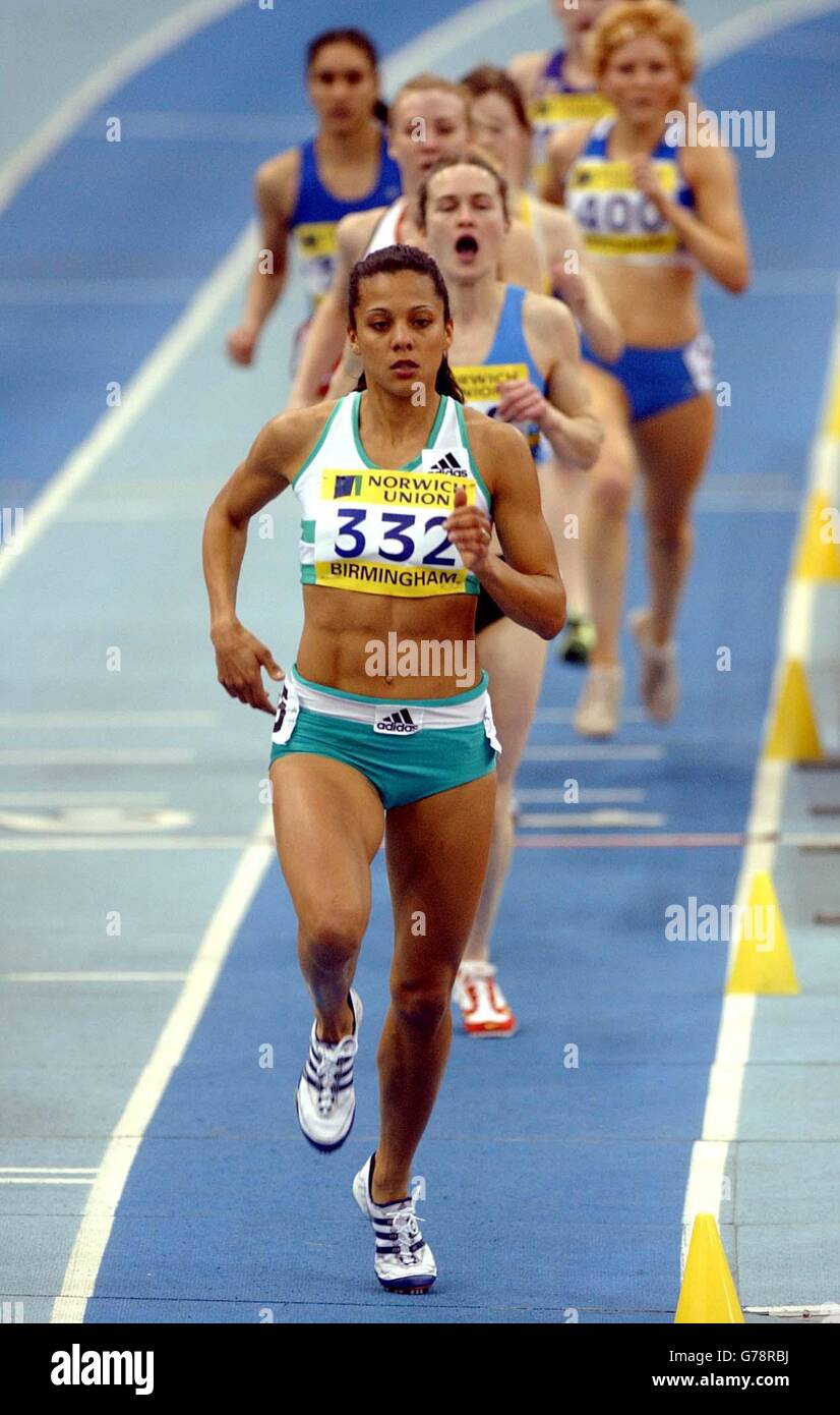 Jo Fenn leaves the field gasping to win the women's 800 trs at the Norwich Union AAA trials at the NIA, Birmingham. Stock Photo