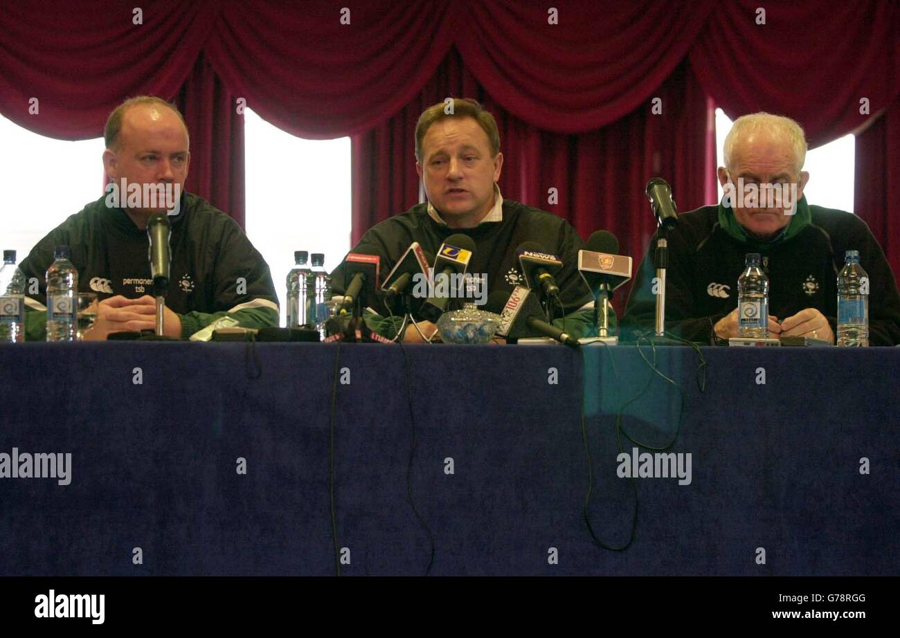 The Irish rugby team's senior assistant coach Declan Kidney (left), coach Eddie O'Sullivan (centre) and manager Brin O'Brien (right) speak to the media after training, in preparation for the RBS 6 Nations match against France this weekend at Landsdowne Road, Dublin. * They were speaking at the Citywest Hotel, Dublin. Stock Photo