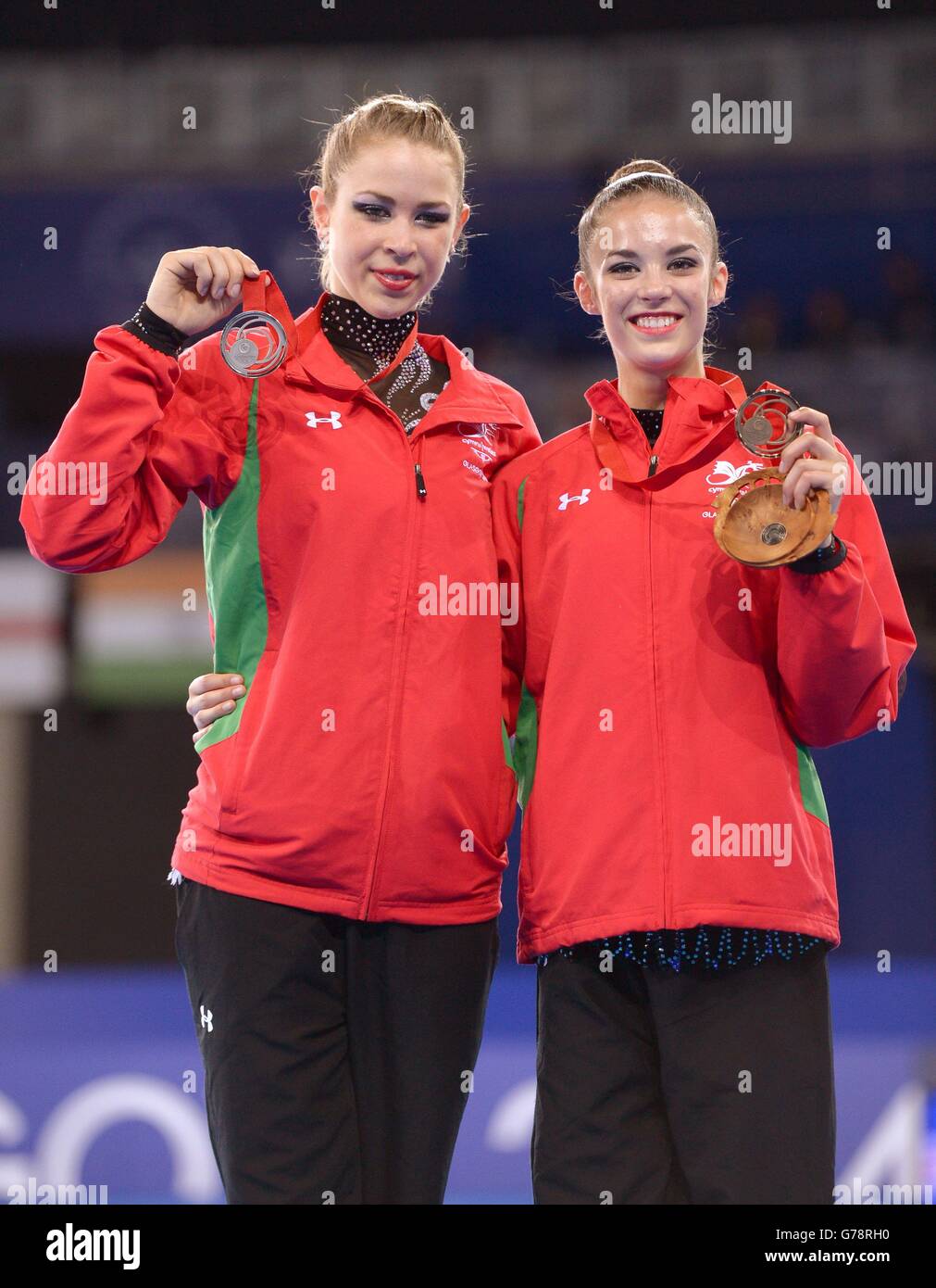 Silver medal winner Wales' Francesca Jones (left) and bronze medal winner Wales' Laura Halford with their medals after the Rhythmic Gymnastics Individual All Round Final at the SSE Hydro during the 2014 Commonwealth Games in Glasgow. Stock Photo