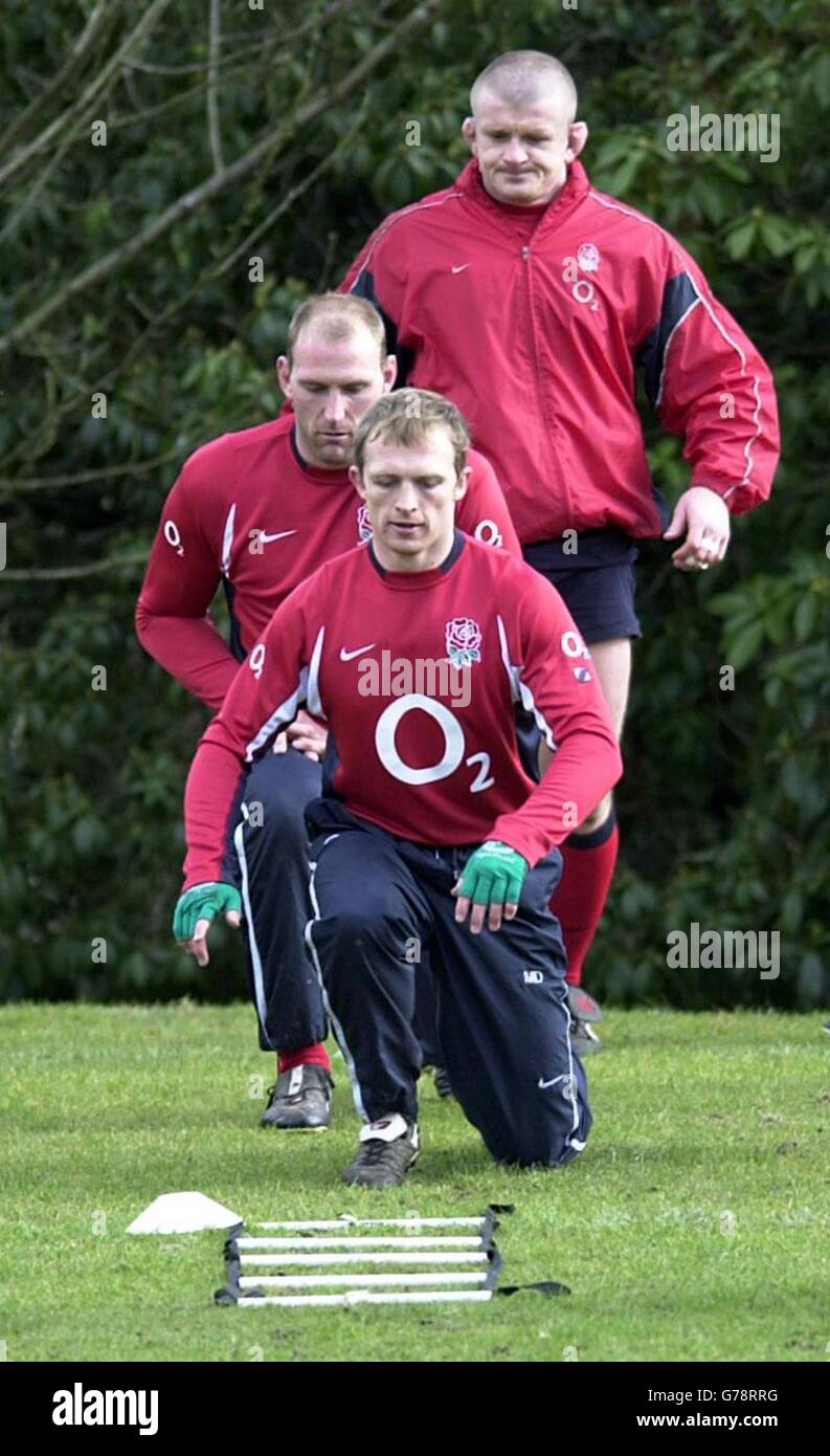 England scrum half Matt Dawson (bottom) with Lawrence Dallaglio and Graham Rowntree (top) during England scrum half Matt Dawson (bottom) with Lawrence Dallaglio and Graham Rowntree (top) during