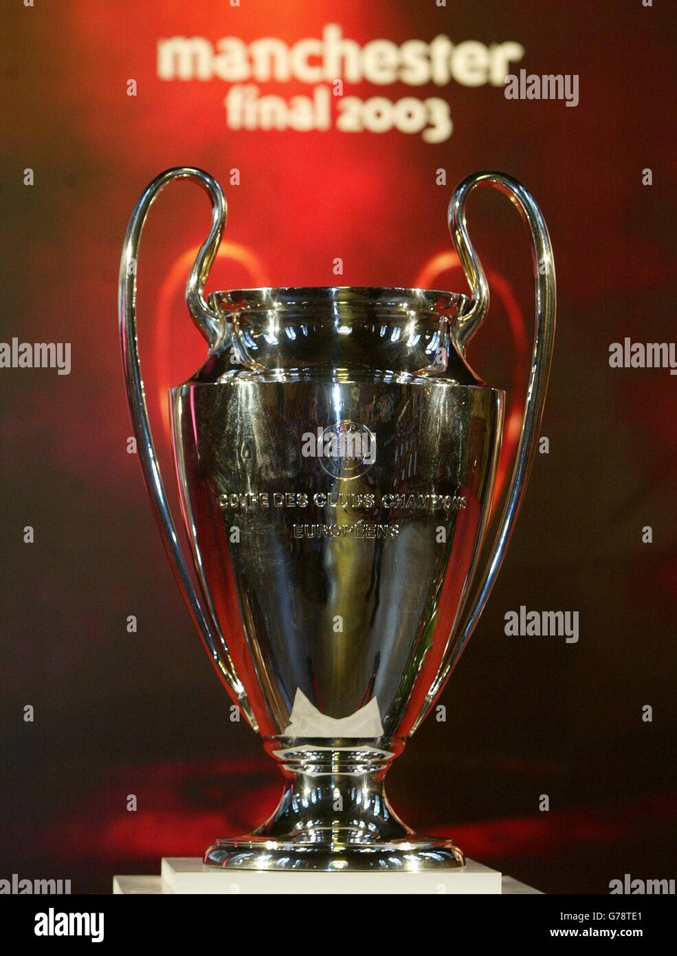 The Champions league trophy arrives in Manchester, as the city prepares to  host the Champions League final at Old Trafford in May Stock Photo - Alamy