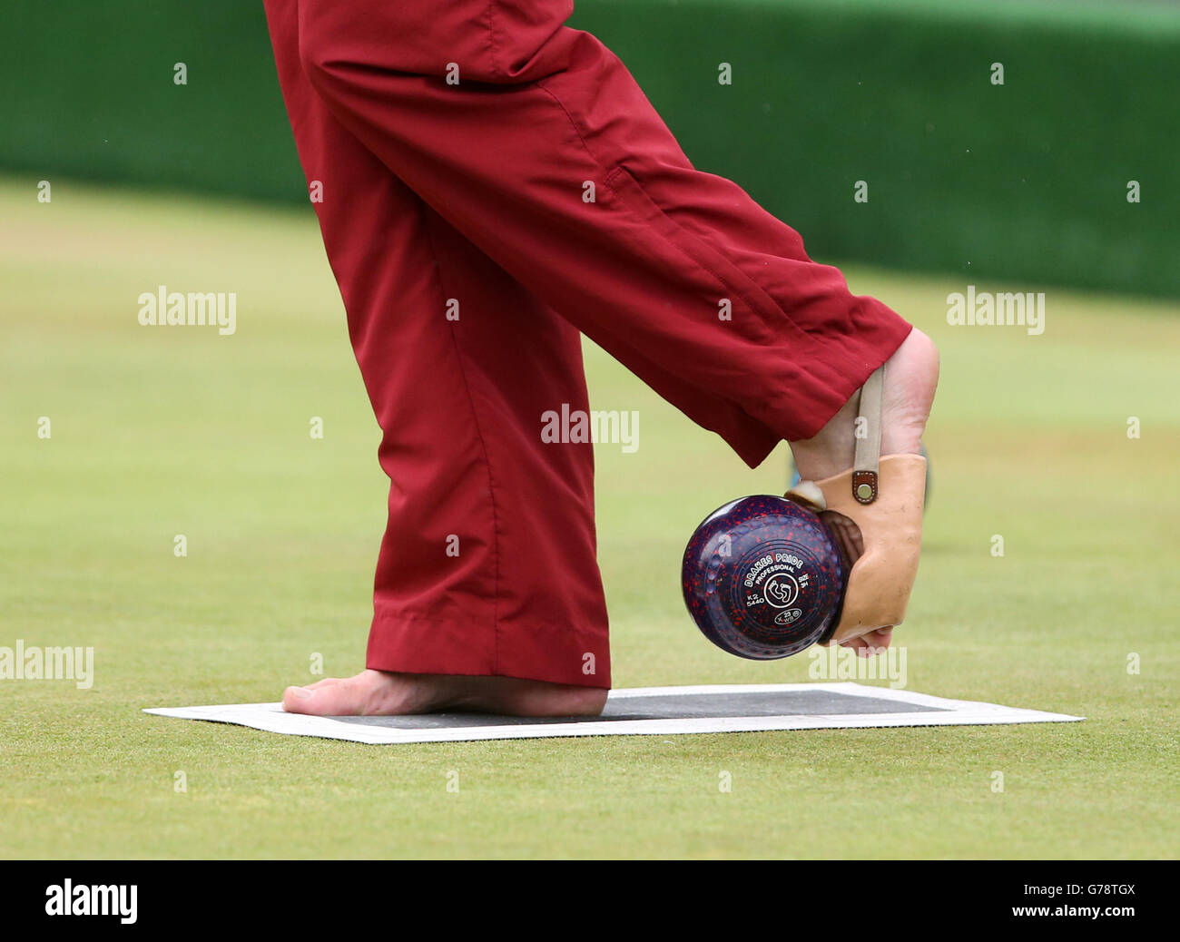 English bowler Bob Love practices at the Kelningrove Lawn Bowls Centre