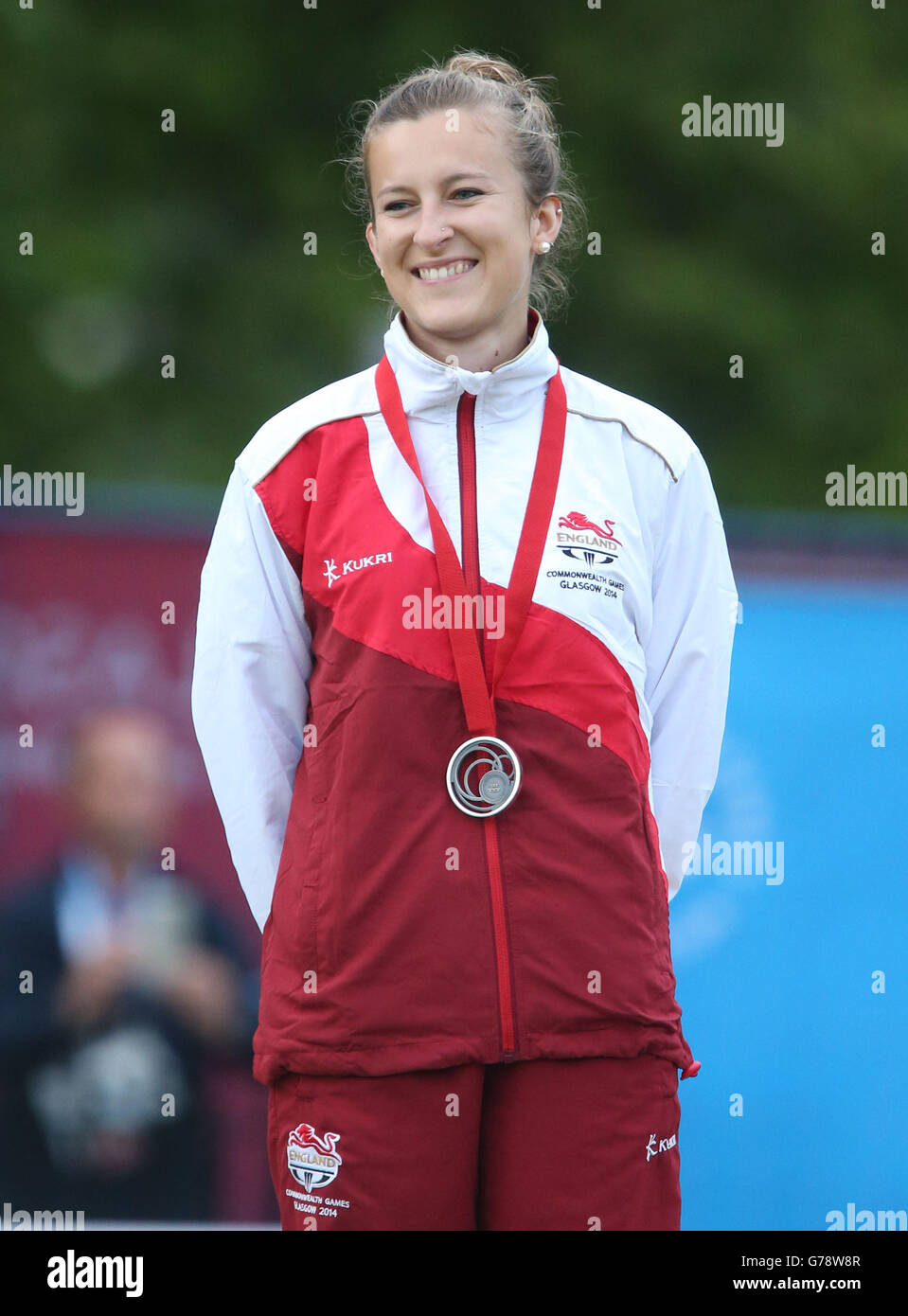 England's Natalie Melmore with her silver medal after losing the Women's Singles final to New Zealand's Jo Edwards at the Kelvingrove Lawn Bowls Centre during the 2014 Commonwealth Games in Glasgow. Stock Photo