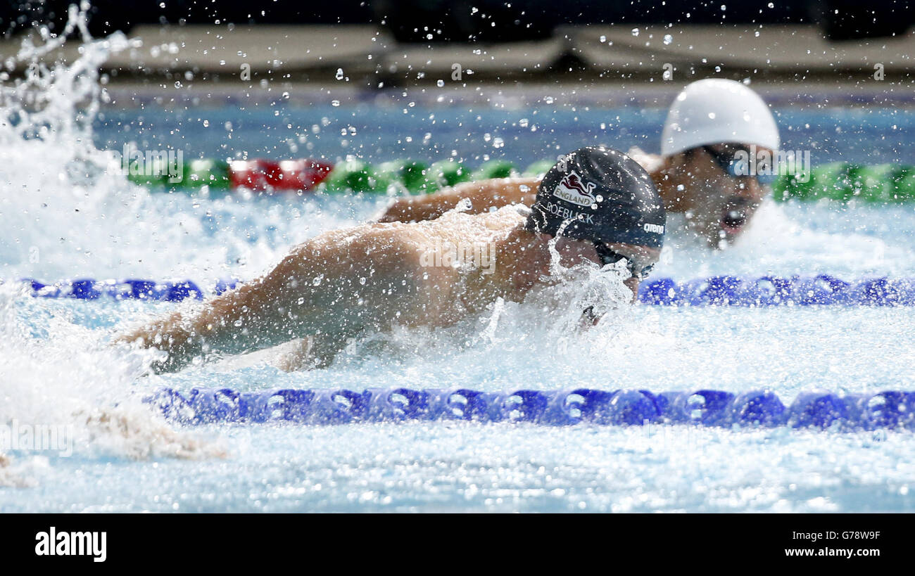 England's Joe Roebuck during the Men's 100m Butterfly Semi-final 2, at Tollcross Swimming Centre, during the 2014 Commonwealth Games in Glasgow. Stock Photo