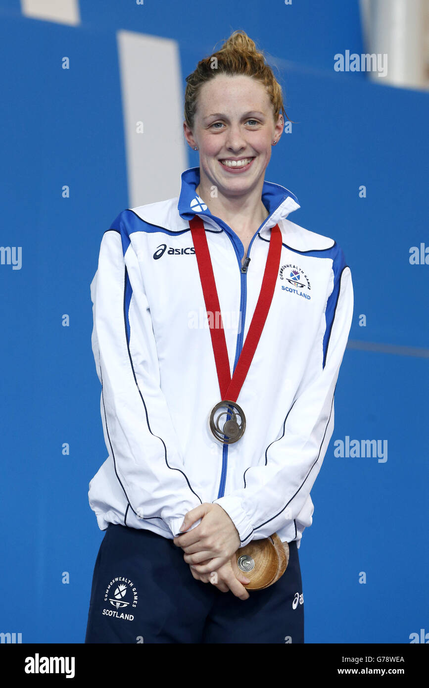Bronze medalist Scotland's Hannah Miley on the podium for the Women's 200m Individual Medley Final, at Tollcross Swimming Centre, during the 2014 Commonwealth Games in Glasgow. Stock Photo