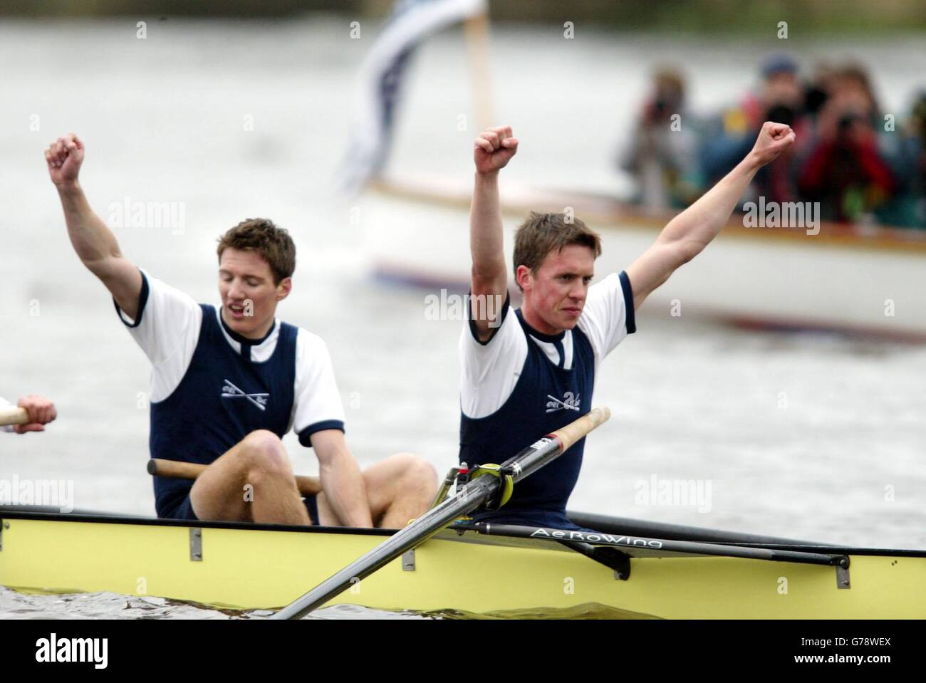 Oxford's winning President Matt Smith (right) punches the air with