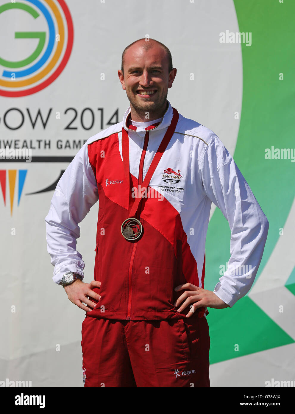 Sport - 2014 Commonwealth Games - Day Four. England's Kenneth Parr on the podium with his bronze medal during the 50m Rifle Prone Men Stock Photo