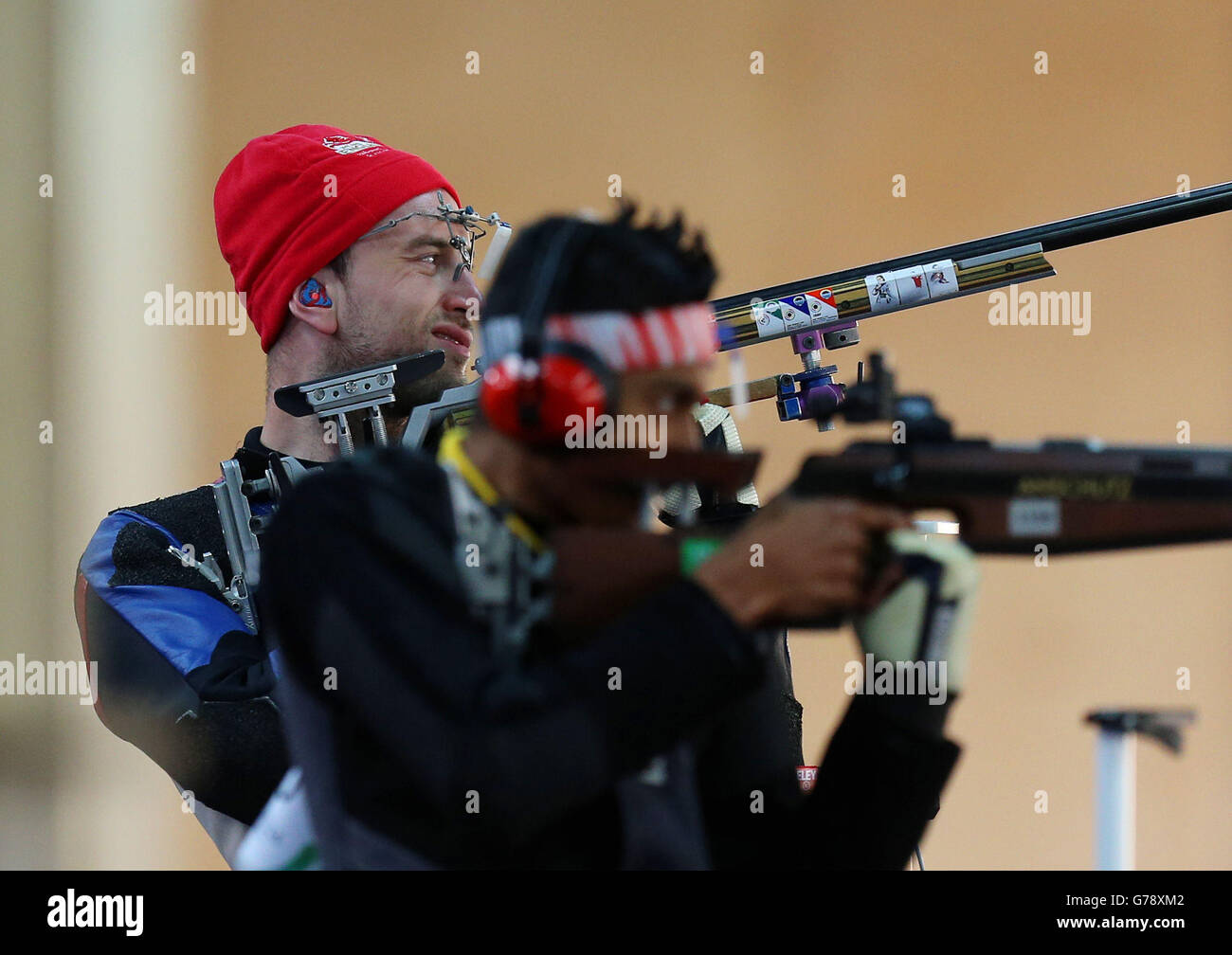 England's Kenneth Parr in action during qualifying for the 50m Rifle 3 Positions Men at Barry Budden Shooting Centre, during the 2014 Commonwealth Games in Carnoustie. Stock Photo