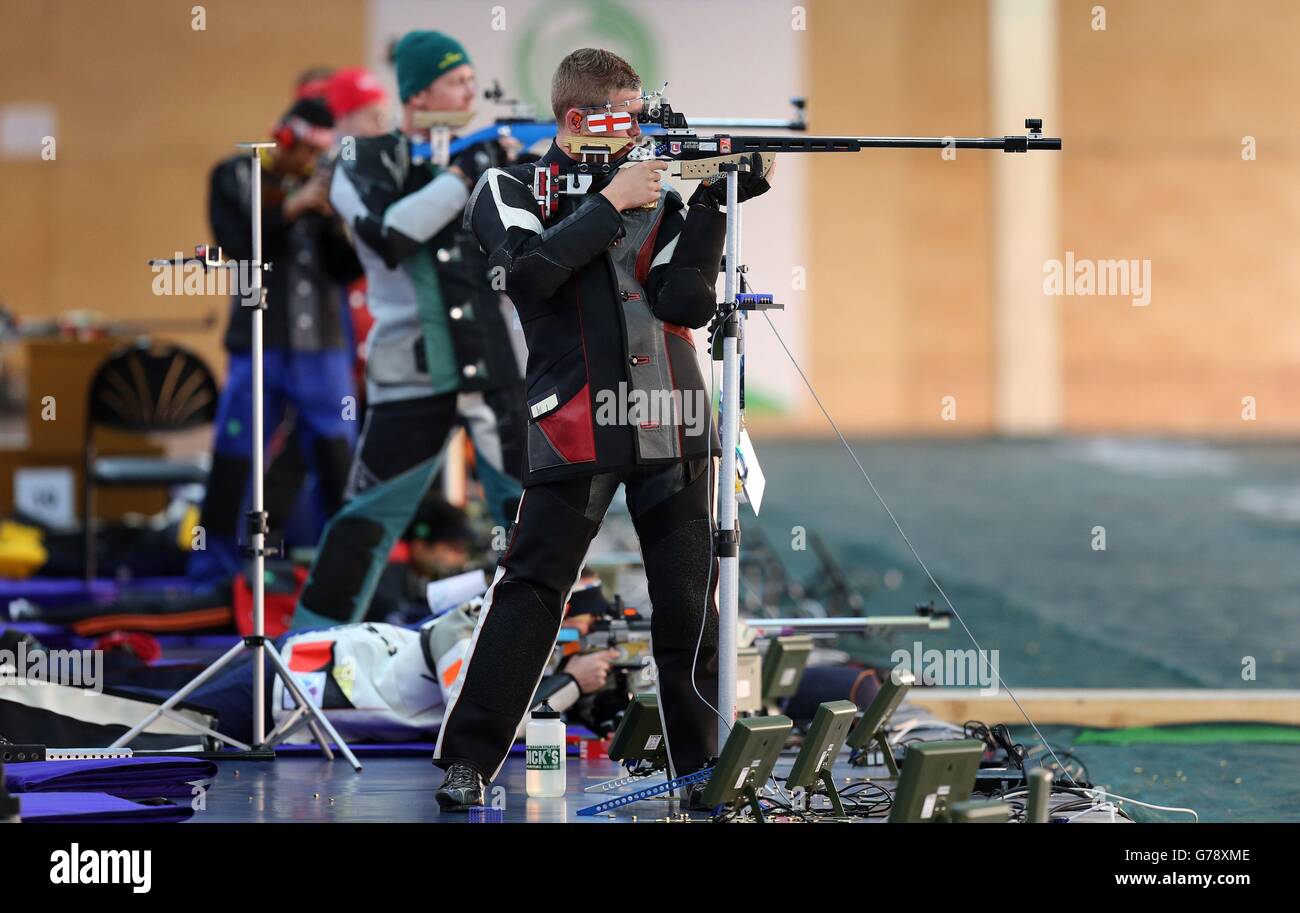 England's Daniel Rivers in action during qualifying for the 50m Rifle 3 Positions Men at Barry Budden Shooting Centre, during the 2014 Commonwealth Games in Carnoustie. Stock Photo