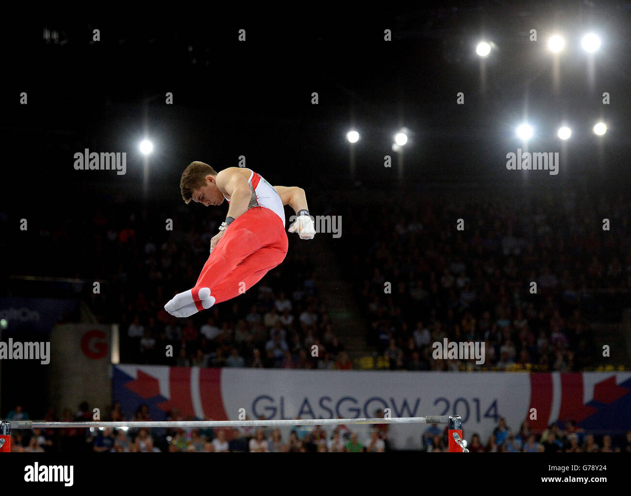 England's Max Whitlock dismounts from the High bar as he wins the Gold